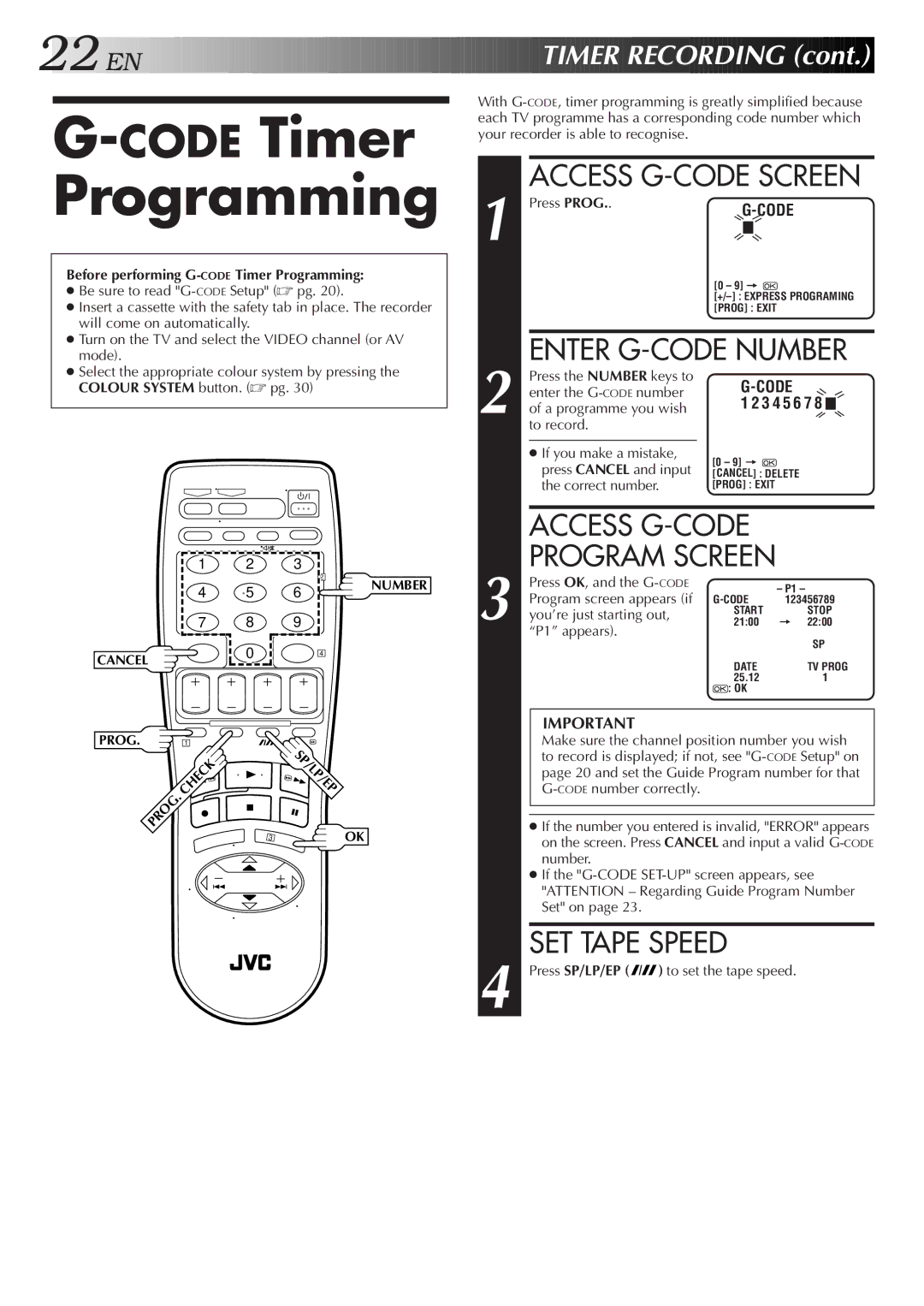 JVC HR-J655EA specifications CODETimer Programming, Access G-CODE Screen, Enter G-CODE Number, Program Screen 