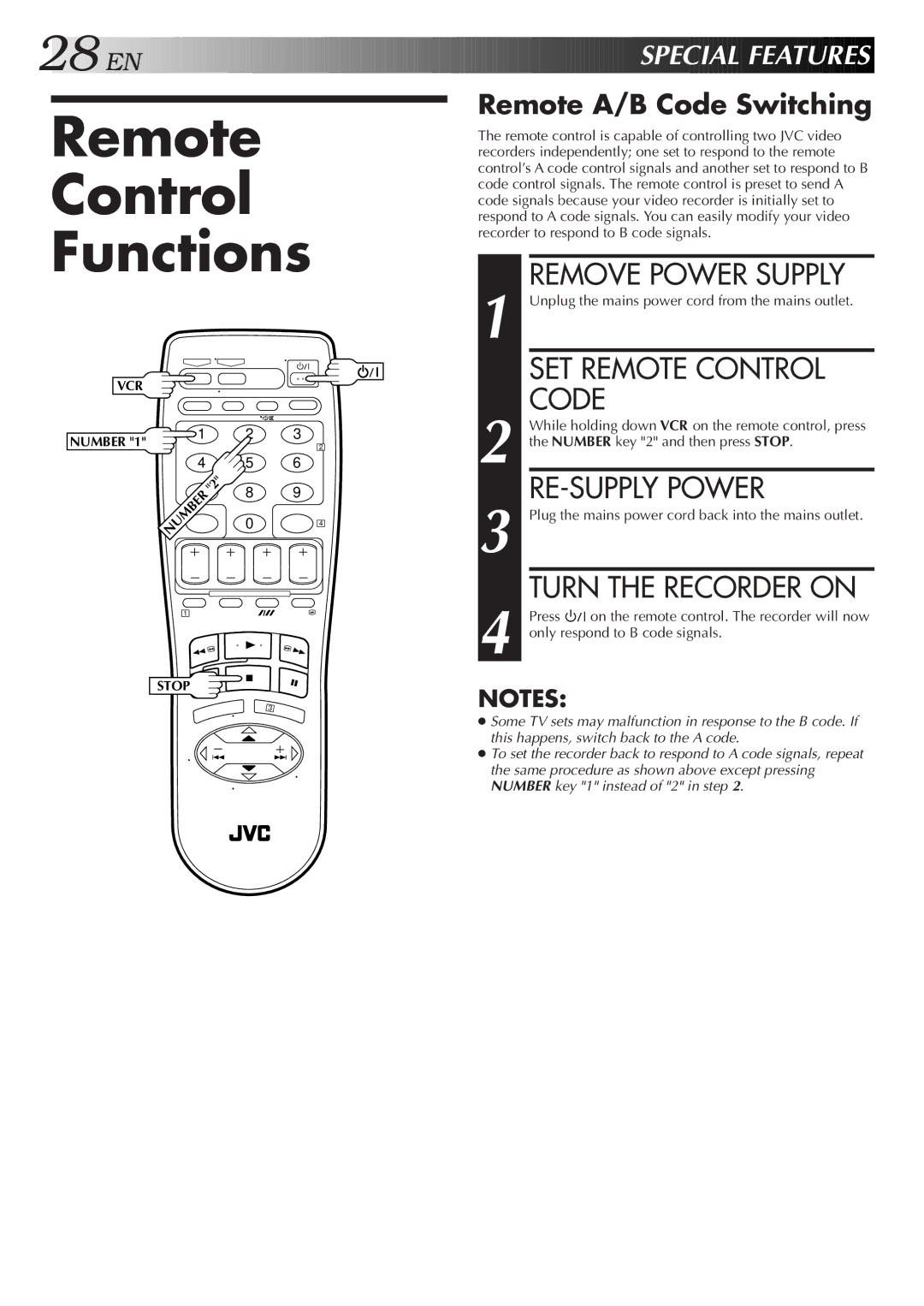 JVC HR-J655EA specifications Remote Control Functions, Remove Power Supply, SET Remote Control Code, RE-SUPPLY Power 