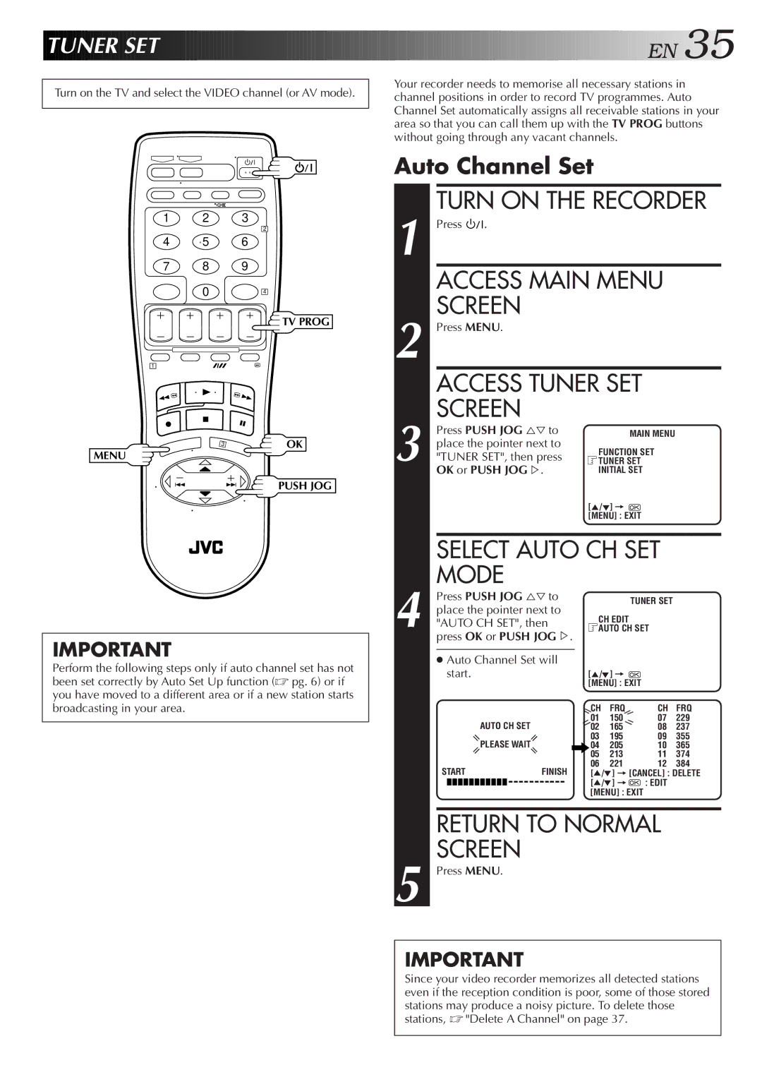 JVC HR-J655EA specifications Access Main Menu, Access Tuner SET, Select Auto CH SET, Auto Channel Set 