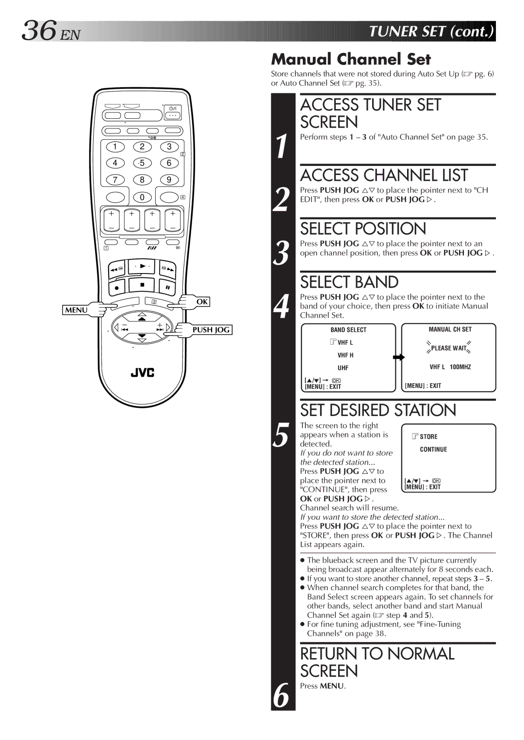 JVC HR-J655EA specifications Access Channel List, Select Position, SET Desired Station, EN Tuner SET, Manual Channel Set 