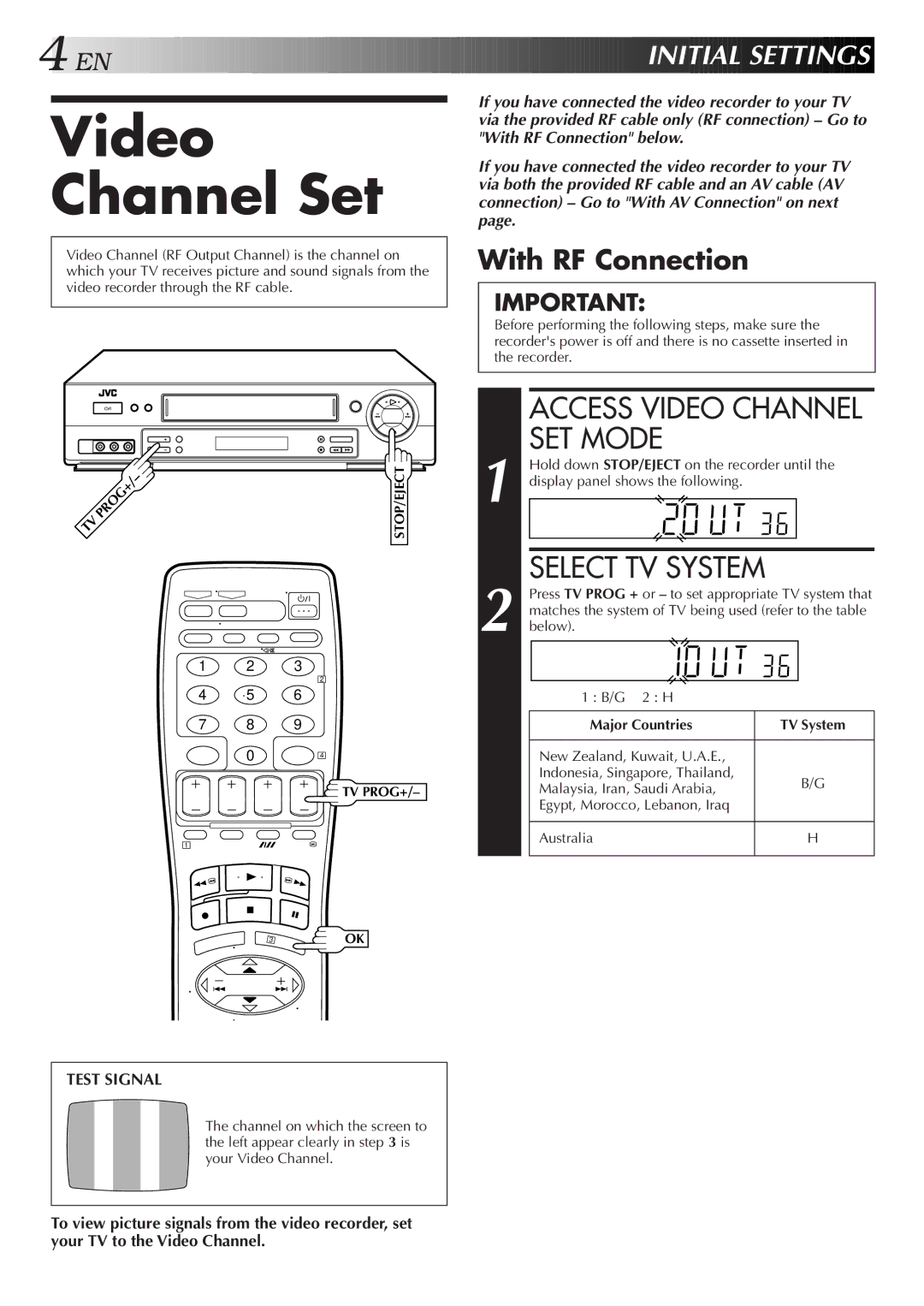 JVC HR-J655EA specifications Video Channel Set, Access Video Channel SET Mode, Select TV System, EN I Nitial Sett Ings 