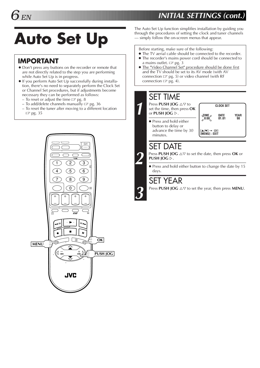 JVC HR-J655EA specifications Auto Set Up, SET Time, SET Date, SET Year, EN Initial Settings 