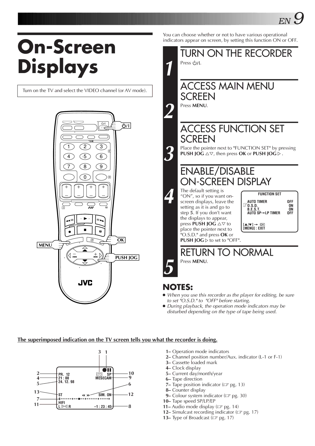 JVC HR-J655EA On-Screen Displays, Turn on the Recorder, Access Main Menu Screen, ENABLE/DISABLE ON-SCREEN Display 