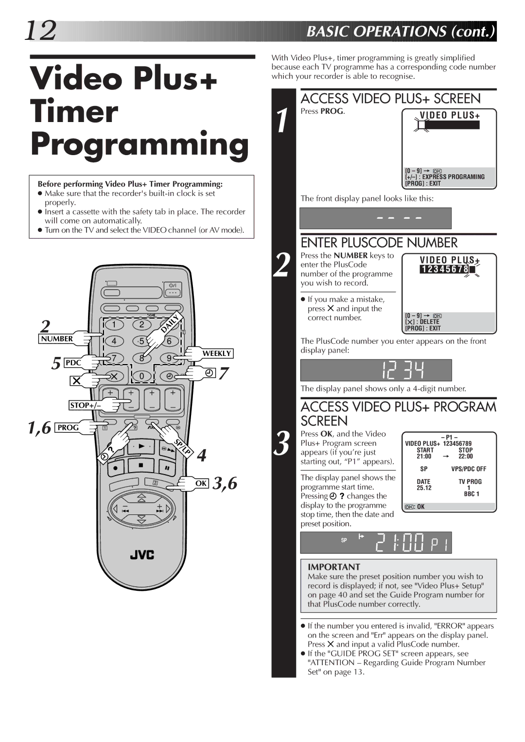 JVC HR-J655EK setup guide Video Plus+ Timer Programming 