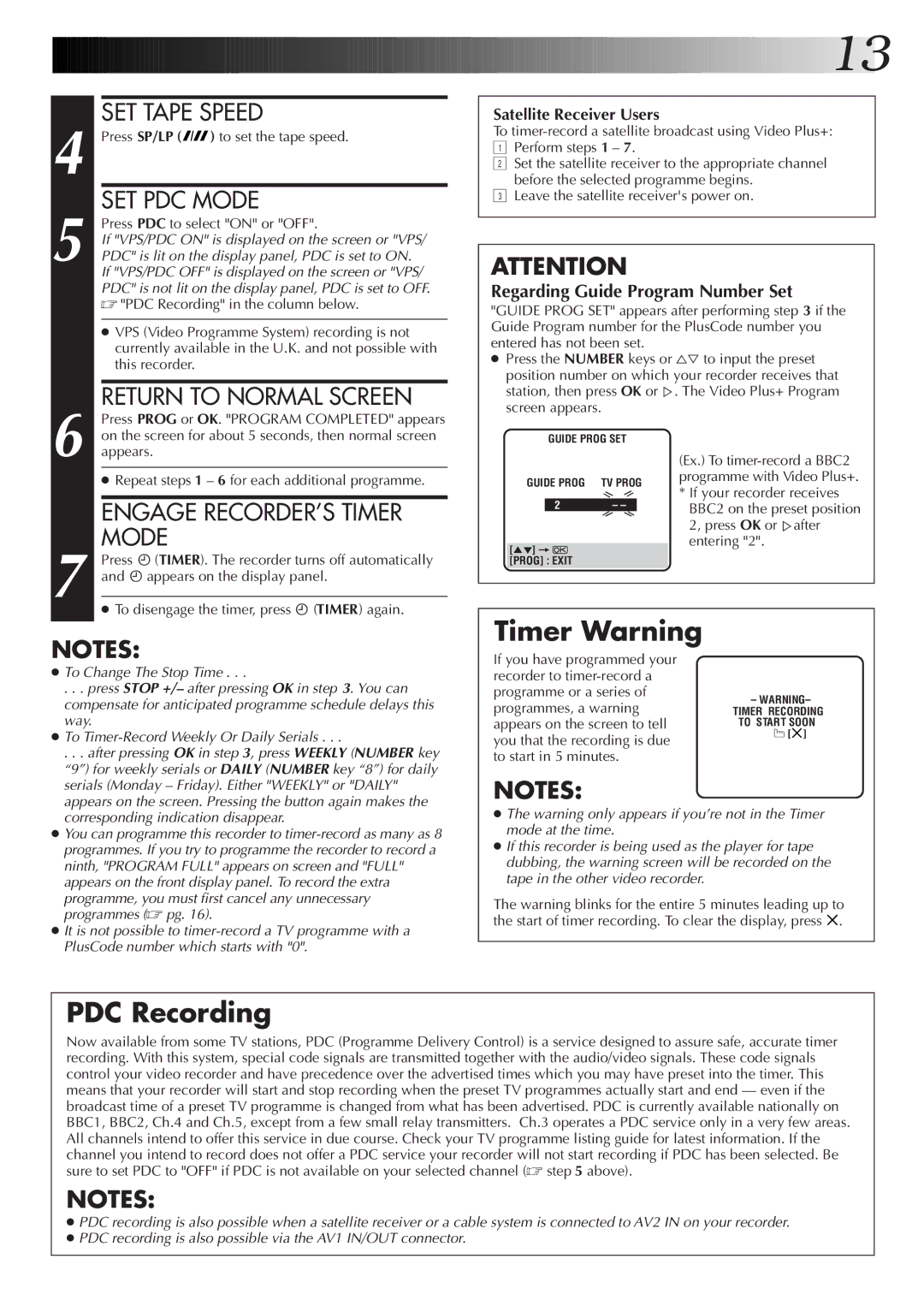 JVC HR-J655EK setup guide Timer Warning, PDC Recording, Satellite Receiver Users 