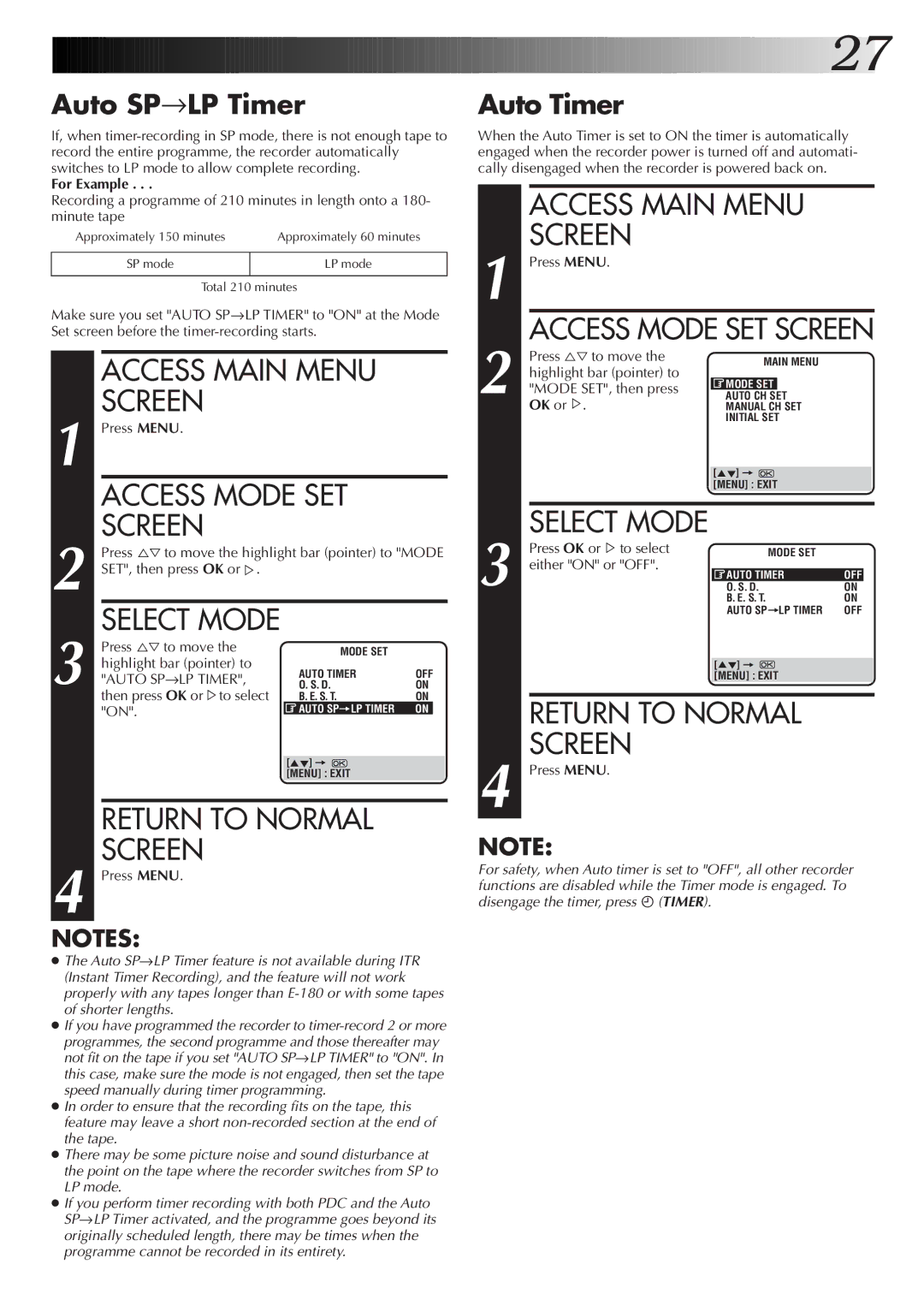 JVC HR-J655EK setup guide Return to Normal Screen, Auto SP→LP Timer, Auto Timer 