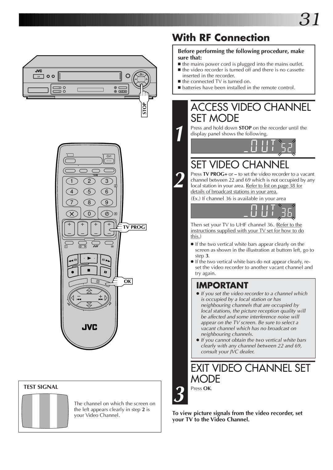 JVC HR-J655EK setup guide With RF Connection, Test Signal 