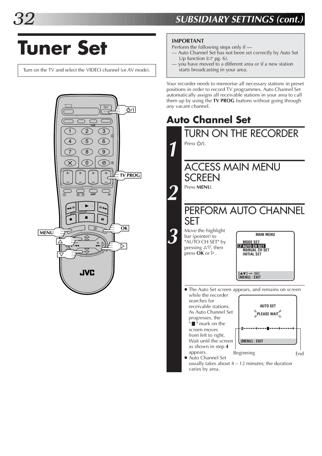 JVC HR-J655EK setup guide Tuner Set, Access Main Menu, Auto Channel Set 