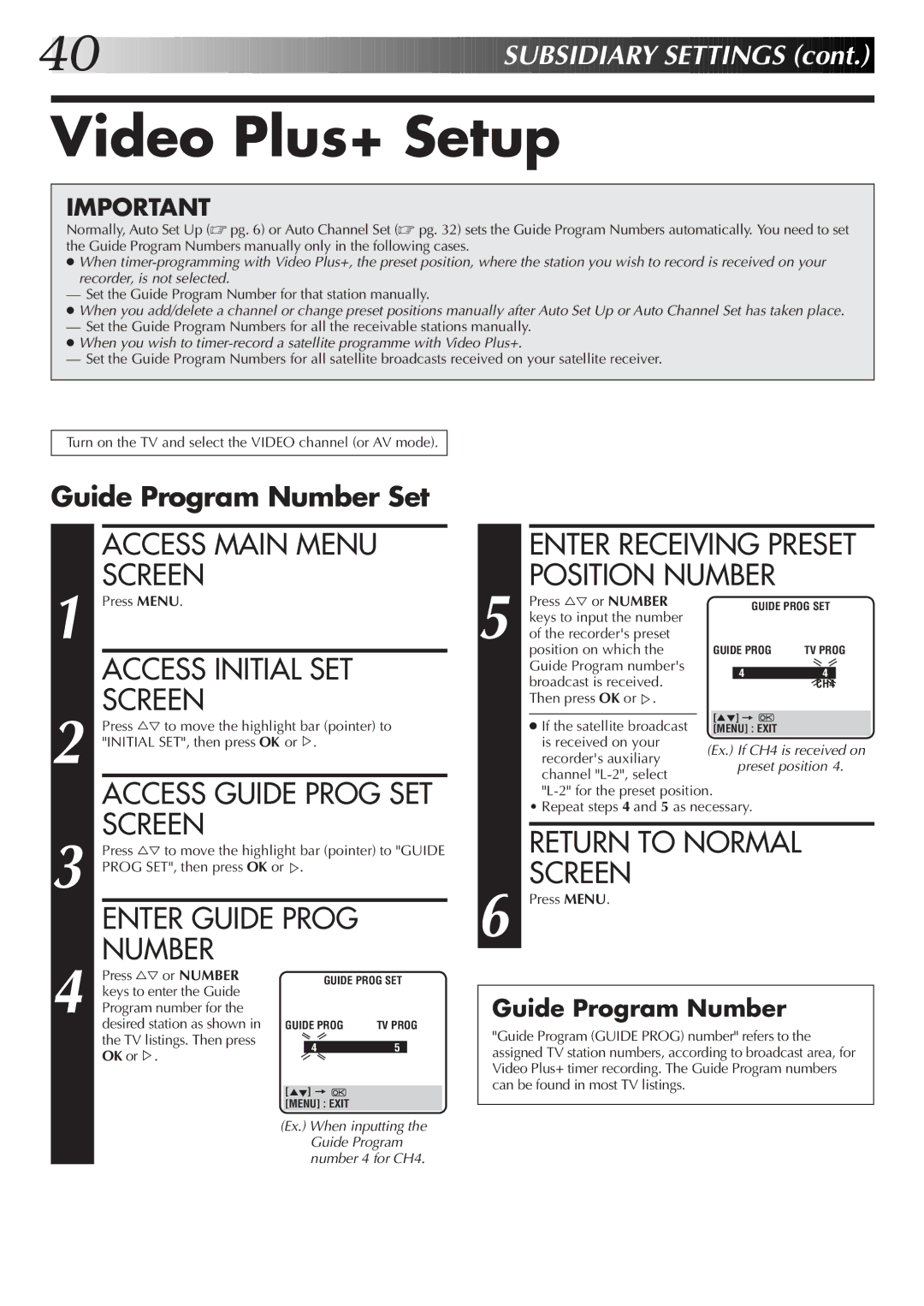 JVC HR-J655EK setup guide Video Plus+ Setup, Guide Program Number Set 