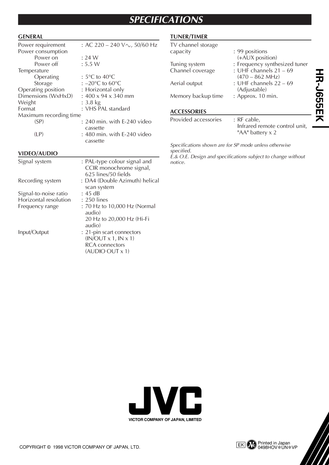 JVC HR-J655EK setup guide Specifications, DA4 Double Azimuth helical 