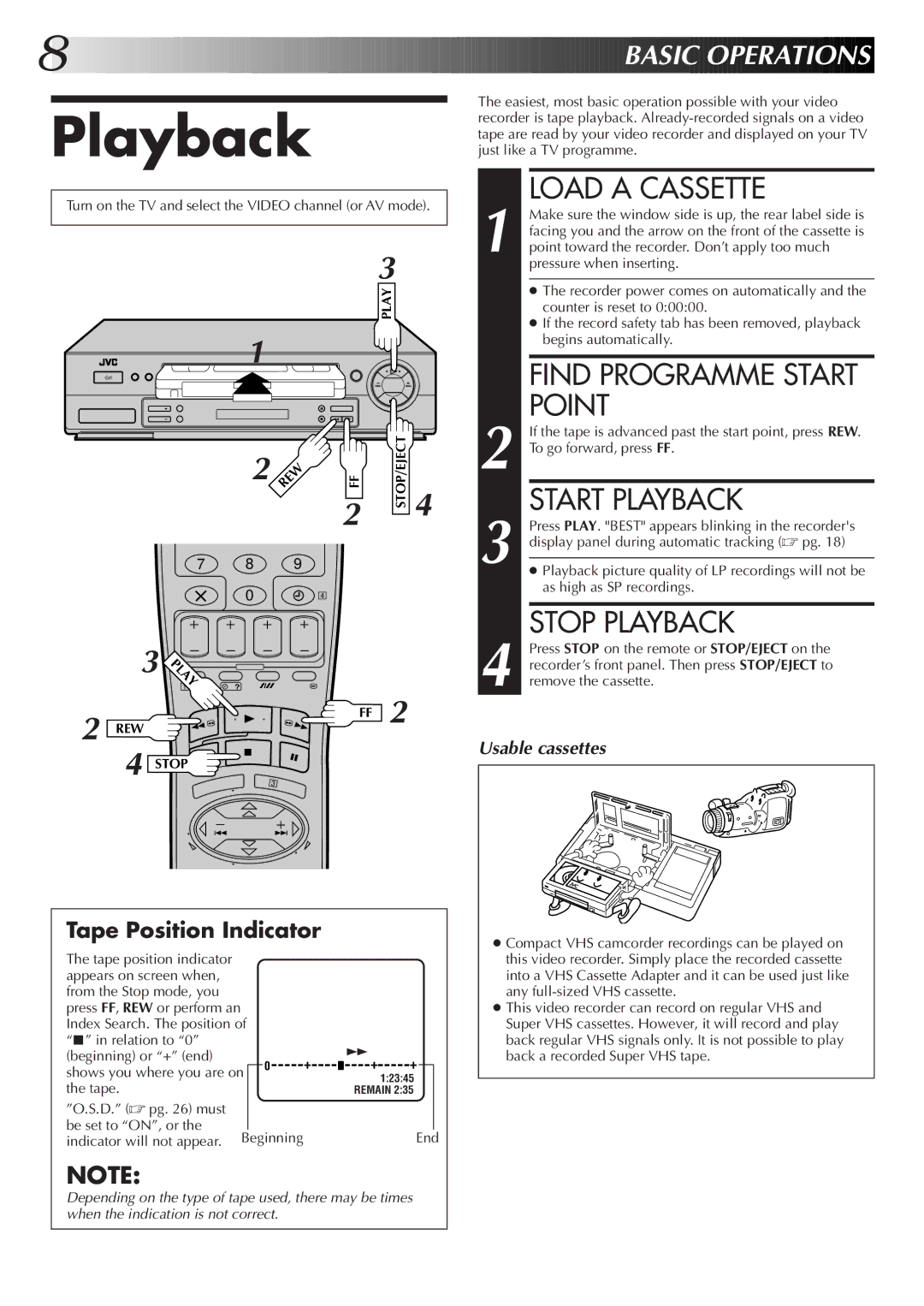 JVC HR-J655EK setup guide Load a Cassette, Point, Start Playback, Stop Playback 