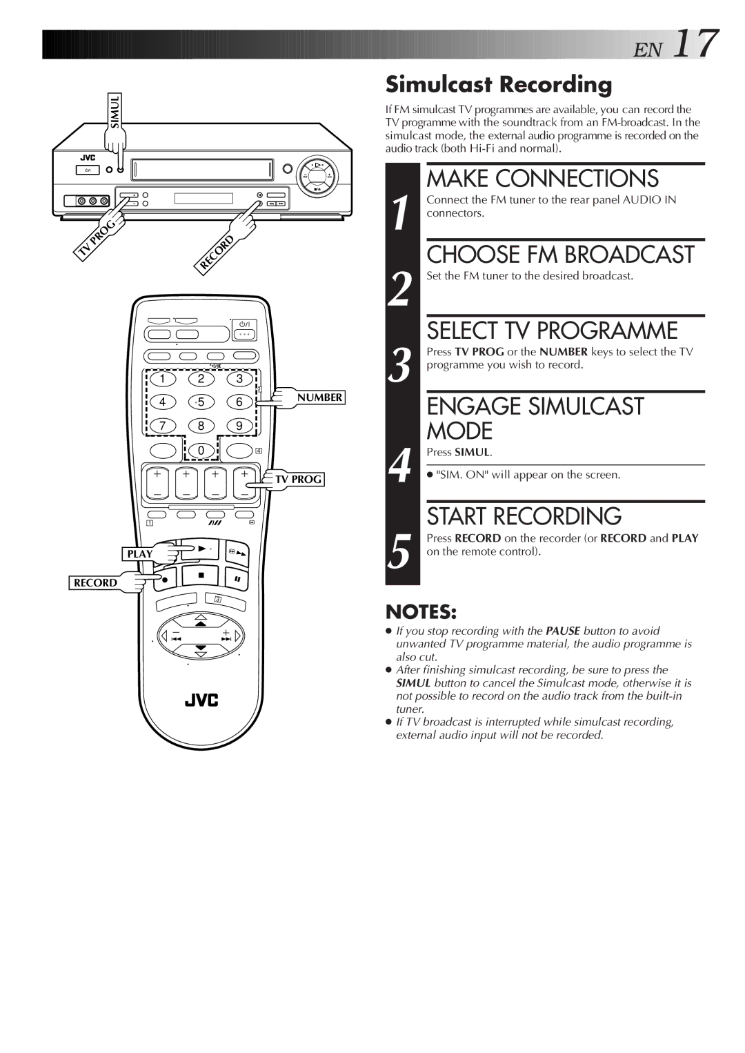 JVC HR-J657MS Make Connections, Choose FM Broadcast, Select TV Programme, Engage Simulcast Mode, Simulcast Recording 