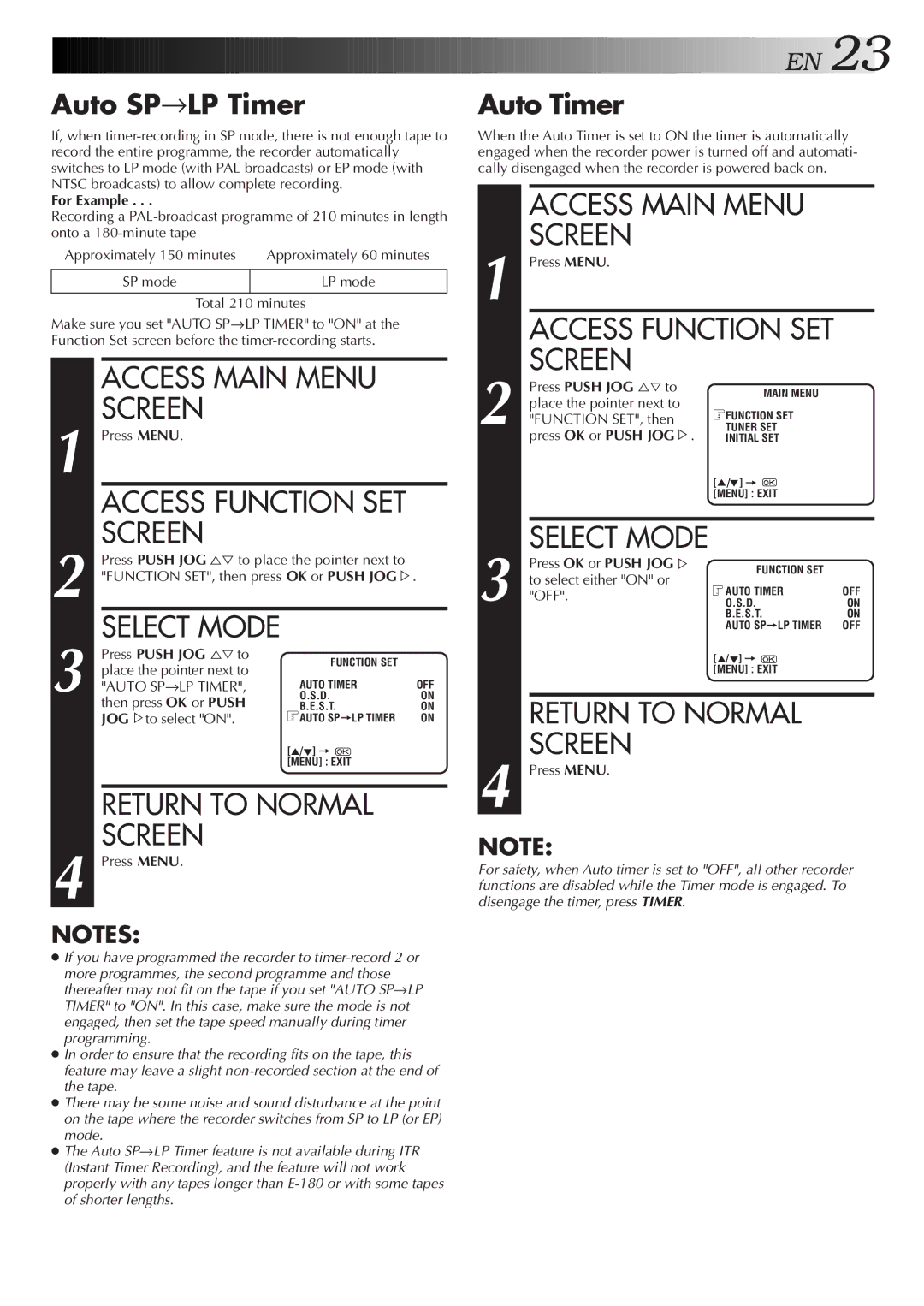 JVC HR-J657MS Access Main Menu Screen, Return to Normal Screen, Auto SP→LP Timer, Auto Timer, Access Function SET 