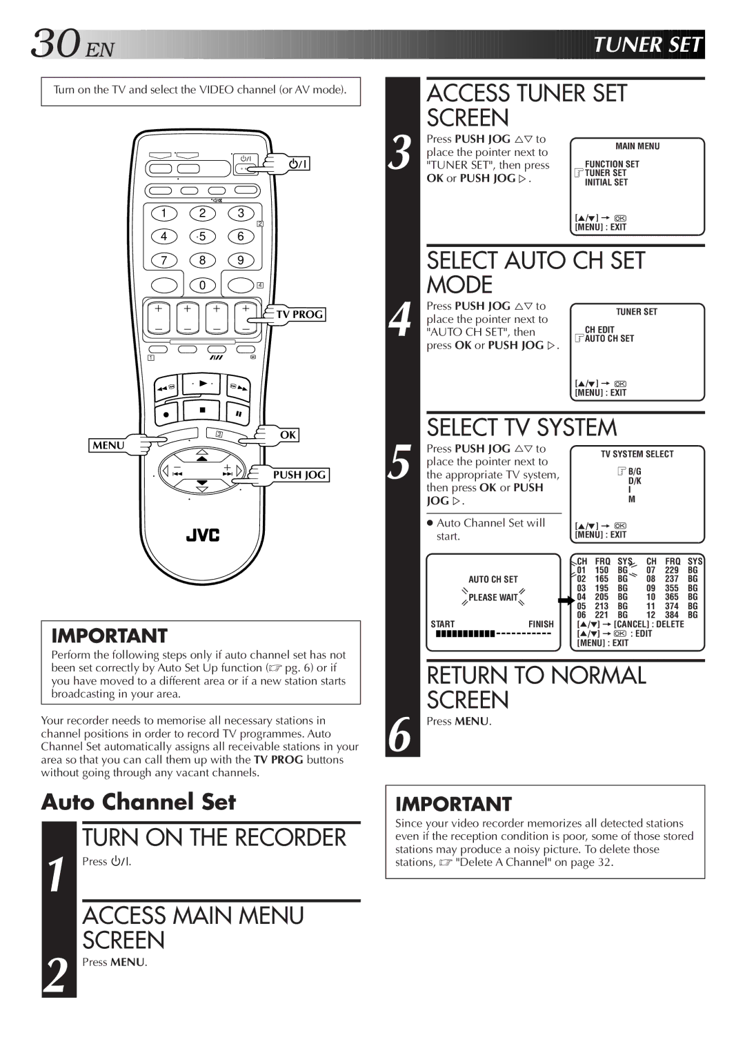 JVC HR-J657MS specifications Access Tuner SET Screen, Select Auto CH SET, Mode, Auto Channel Set 