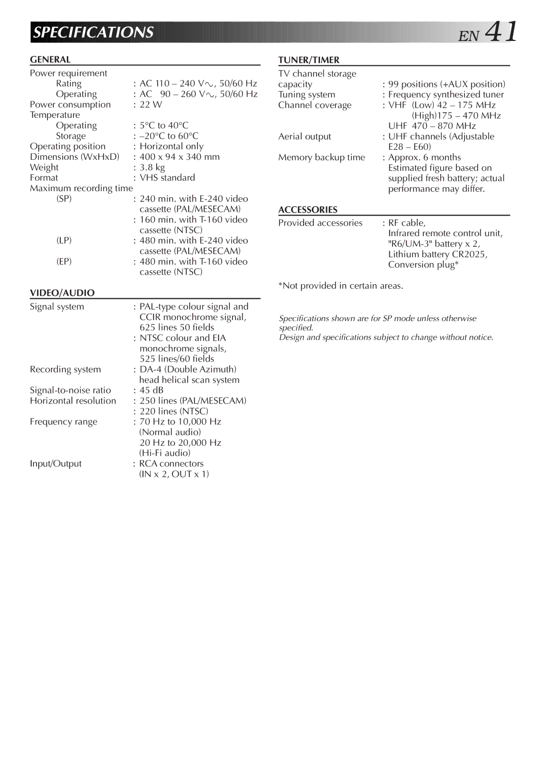 JVC HR-J657MS specifications Specification S 