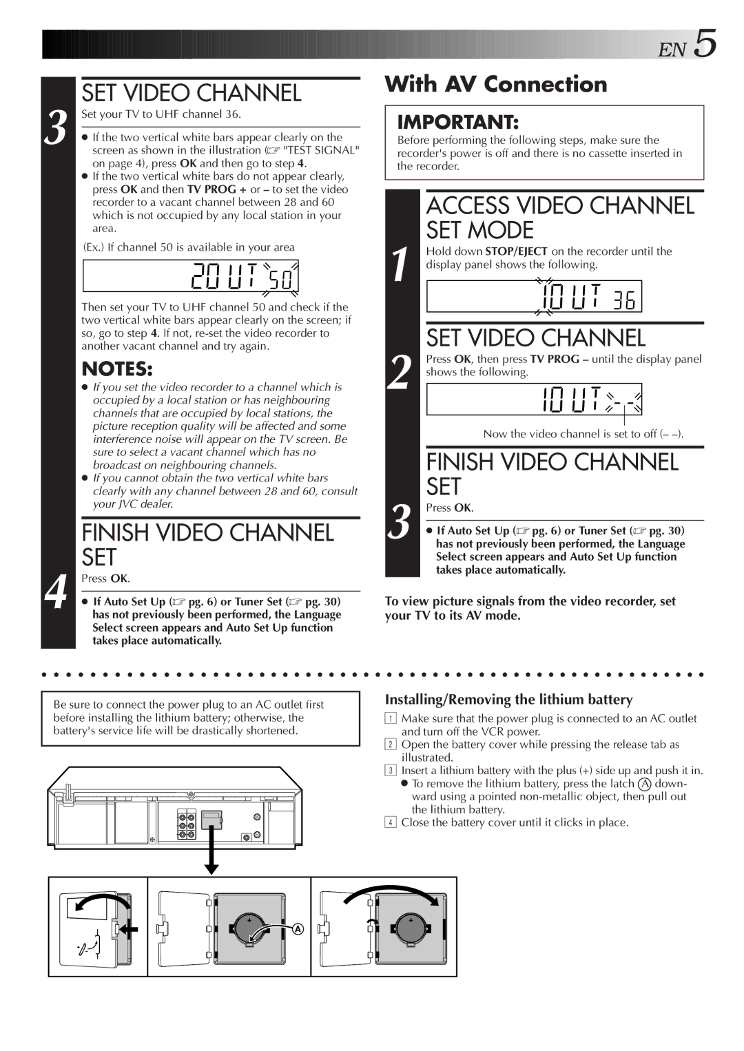 JVC HR-J657MS specifications SET Video Channel, Finish Video Channel SET, Set, With AV Connection 