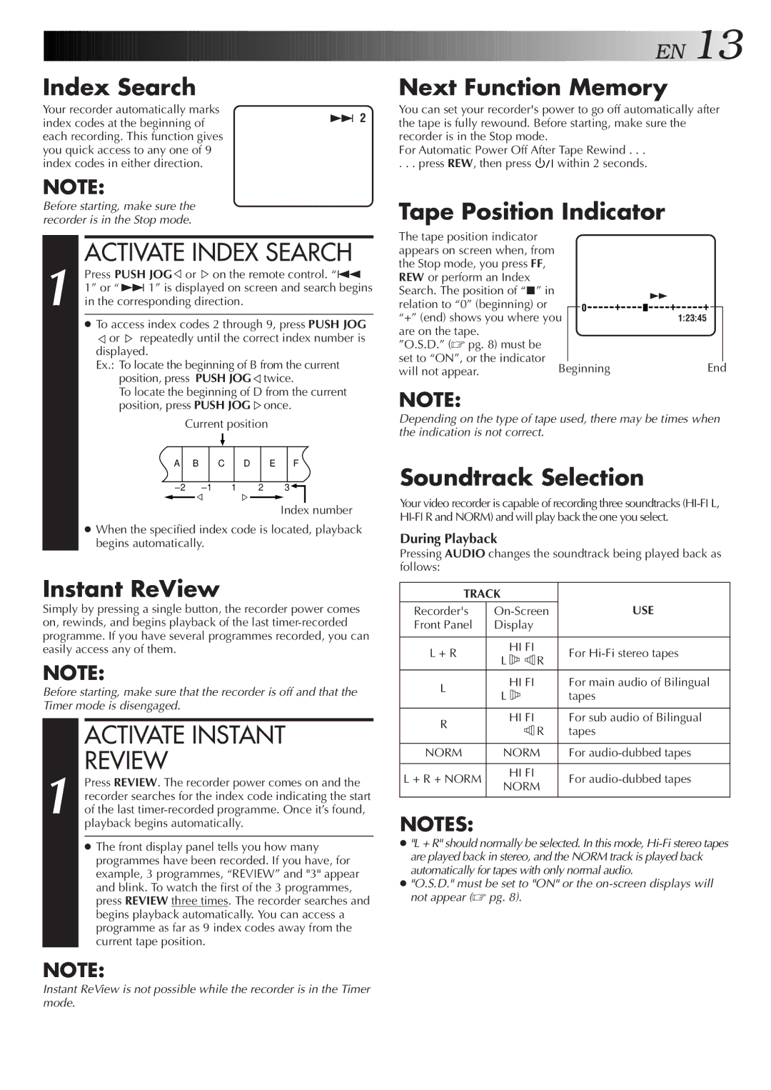 JVC HR-J658EE specifications Activate Index Search, Activate Instant Review 