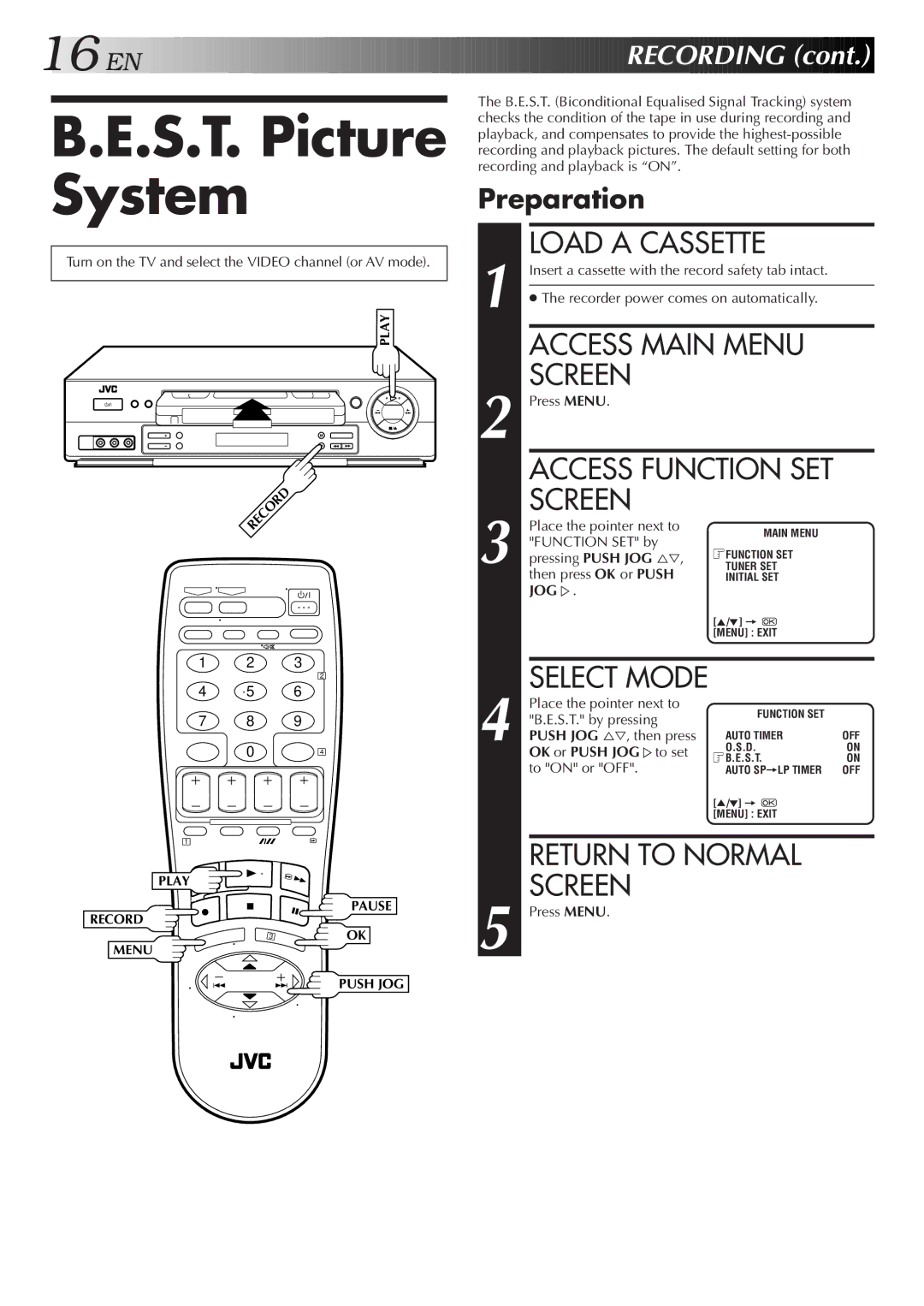 JVC HR-J658EE S.T. Picture System, Load a Cassette, Access Main Menu Screen, Return to Normal Screen, EN Recording 