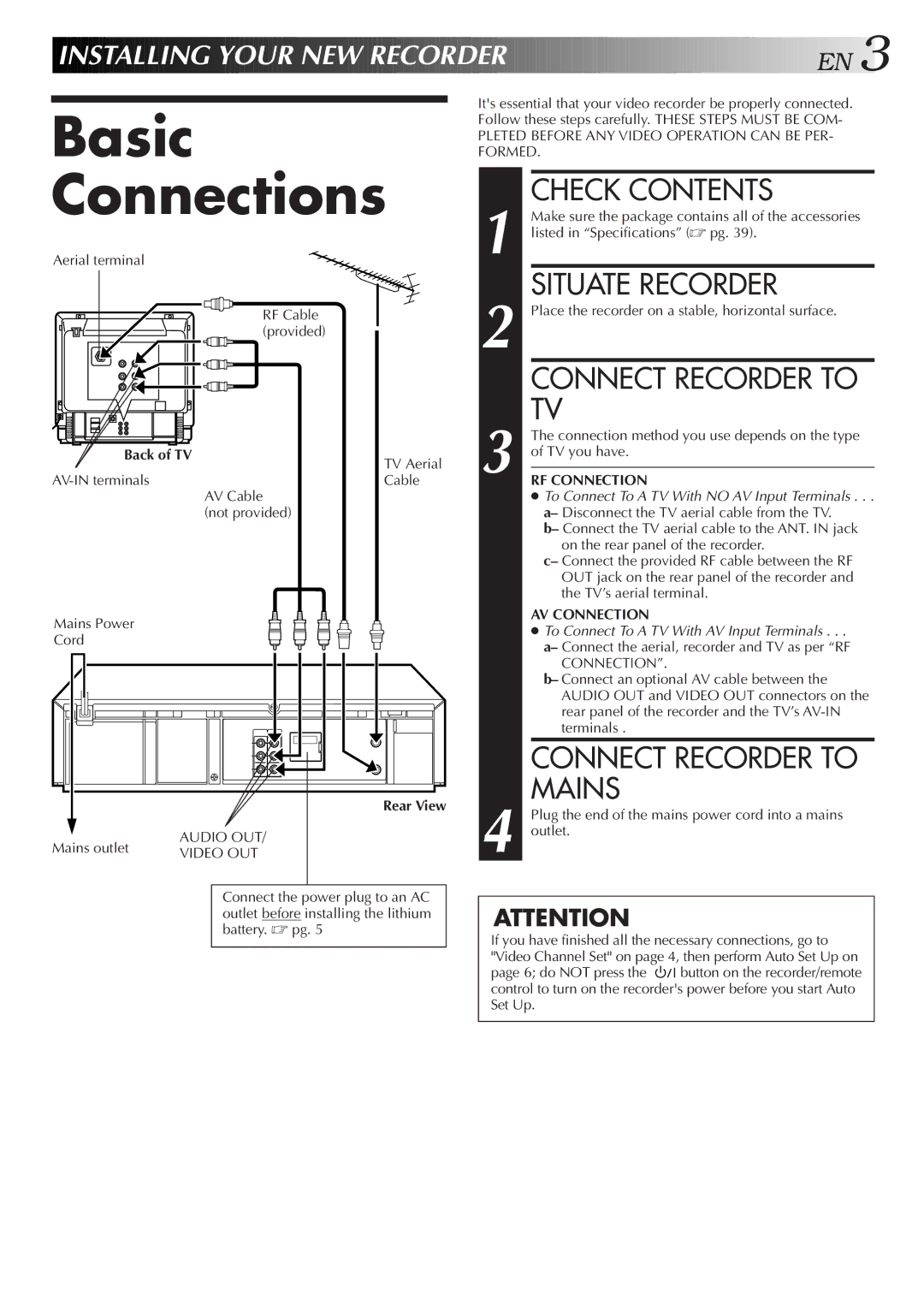 JVC HR-J658EE specifications Basic Connections, Check Contents, Situate Recorder, Connect Recorder to Mains, Back of TV 