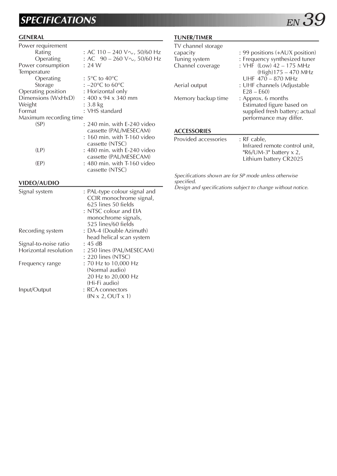 JVC HR-J658EE specifications Specification S, Supplied fresh battery actual, Maximum recording time 