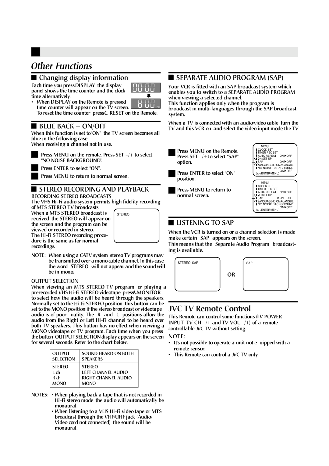 JVC HR-J6009UM, HR-J6609UM Other Functions, Changing display information, No Noise Background, Recording Stereo Broadcasts 