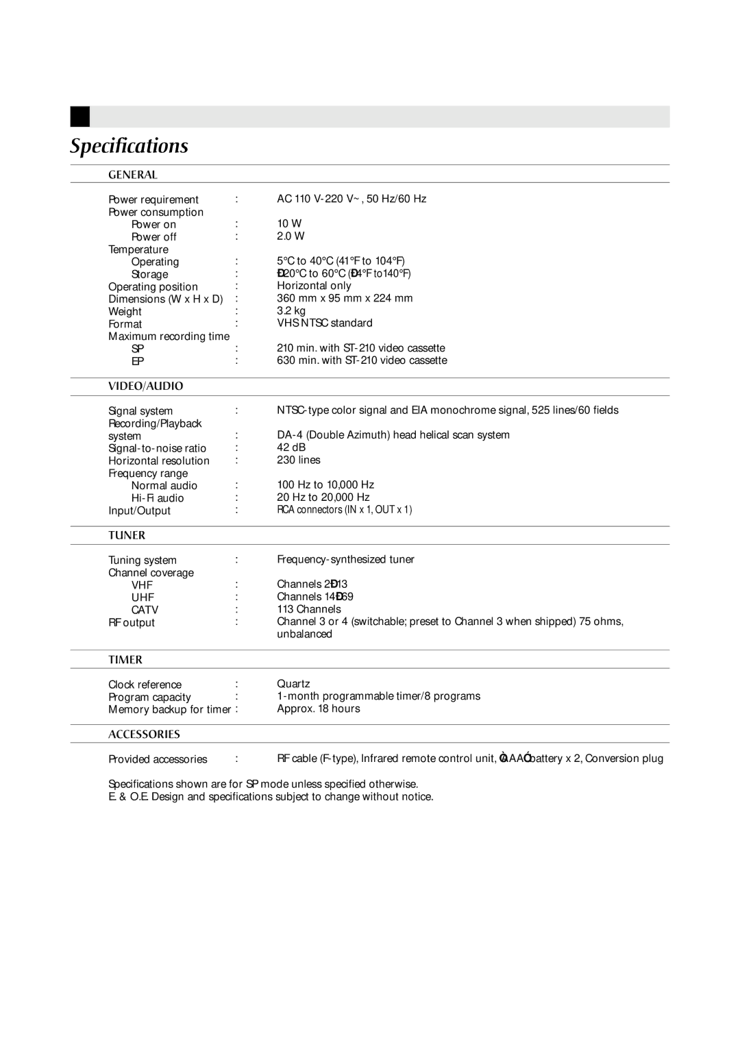 JVC HR-J6609UM, HR-J6009UM manual Specifications 