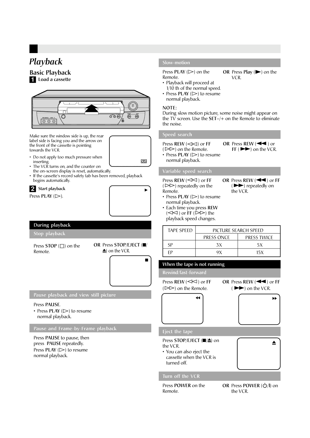 JVC HR-J6009UM, HR-J6609UM manual Basic Playback, Vcr, Picture Search Speed, Press Once Press Twice 