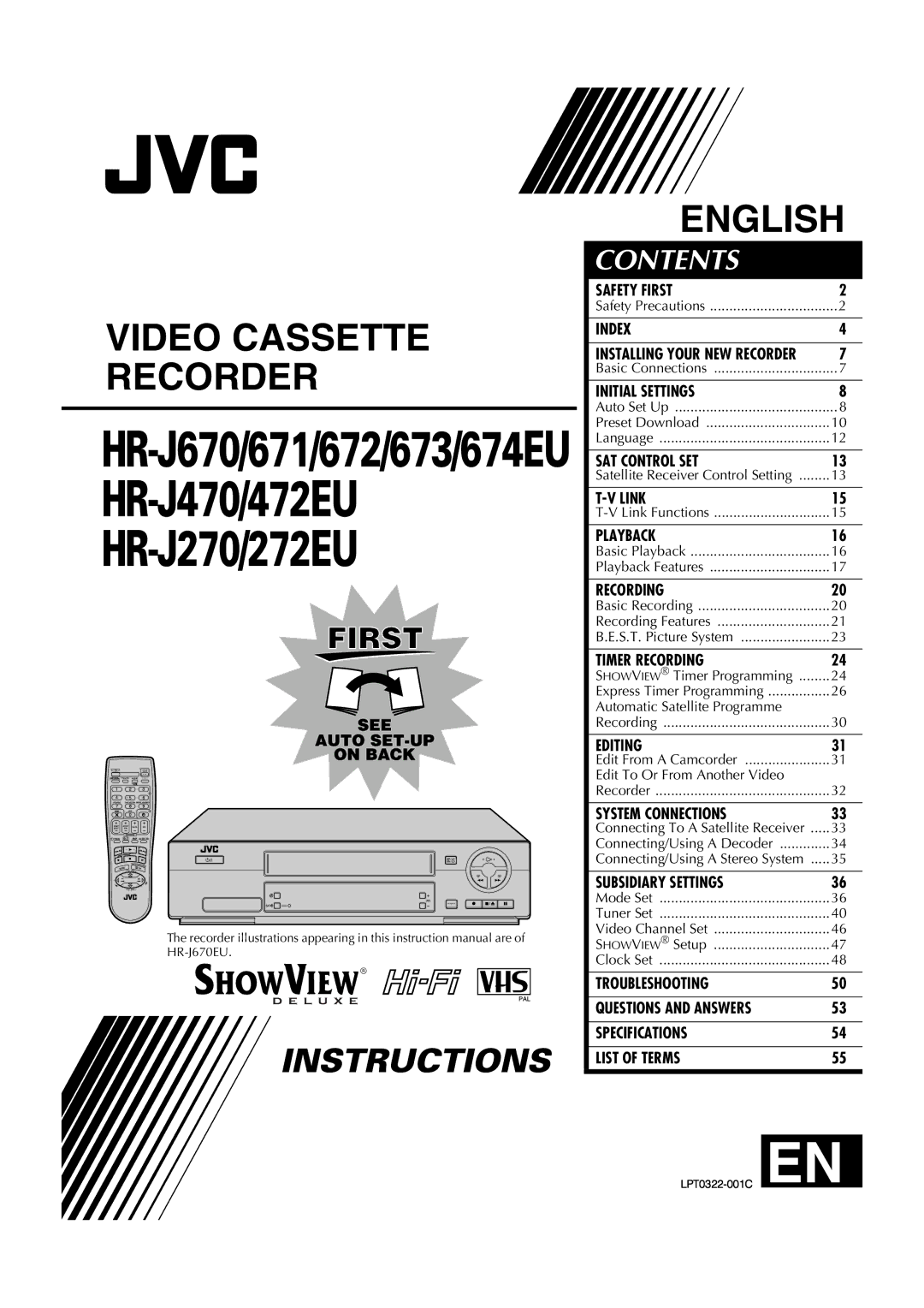 JVC HR-671, HR-J670, HR-674, HR-272EU, HR-673, HR-470, HR-672, HR-472EU instruction manual Video Cassette Recorder English 