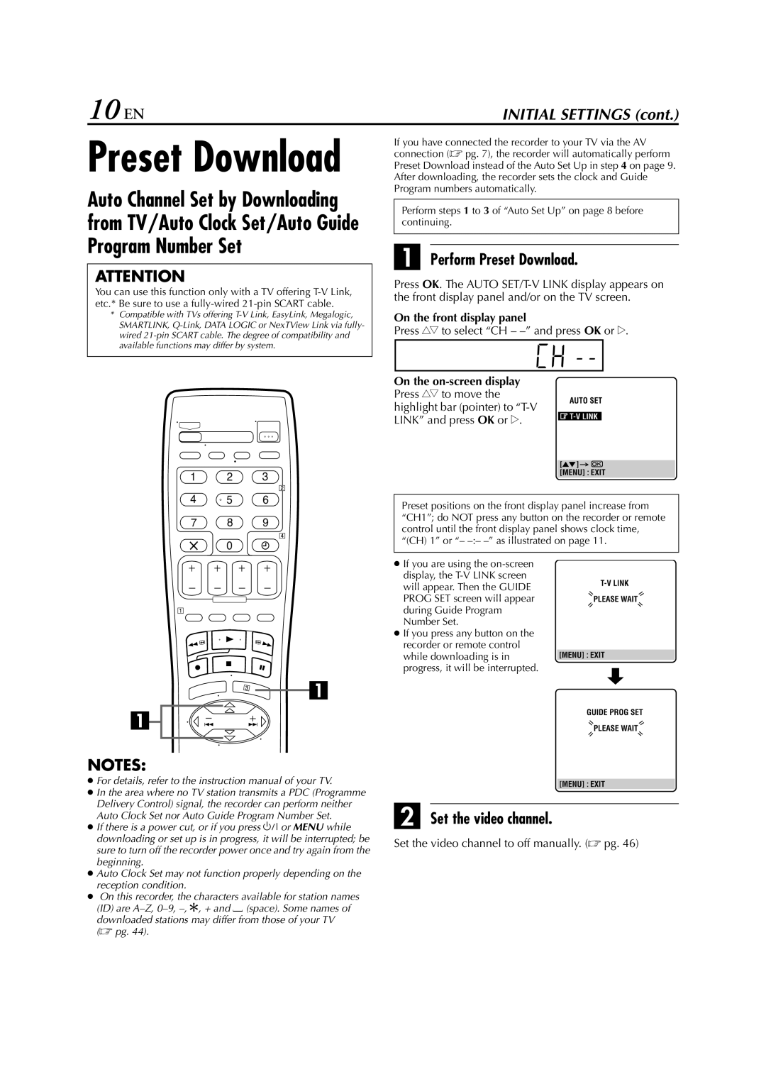 JVC HR-674, HR-J670 10 EN, Perform Preset Download, Set the video channel, Press rt to select CH - and press OK or e 