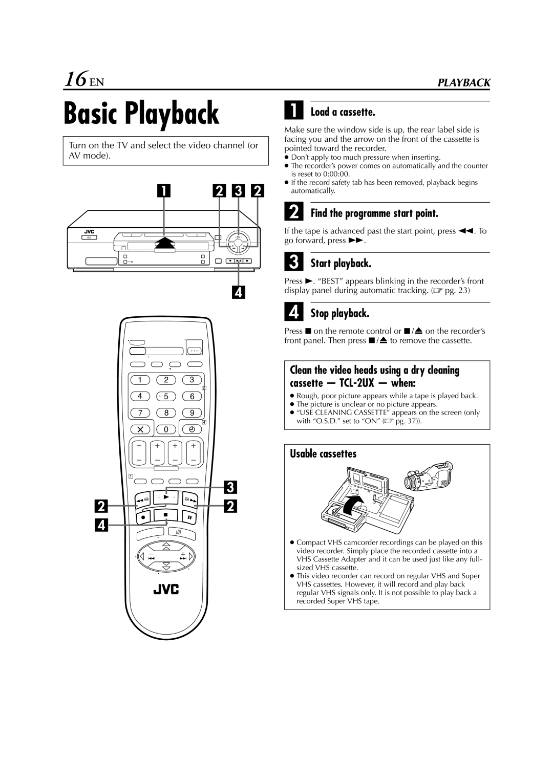 JVC HR-J670, HR-671, HR-674, HR-272EU, HR-673, HR-470, HR-672, HR-472EU instruction manual Basic Playback, 16 EN 