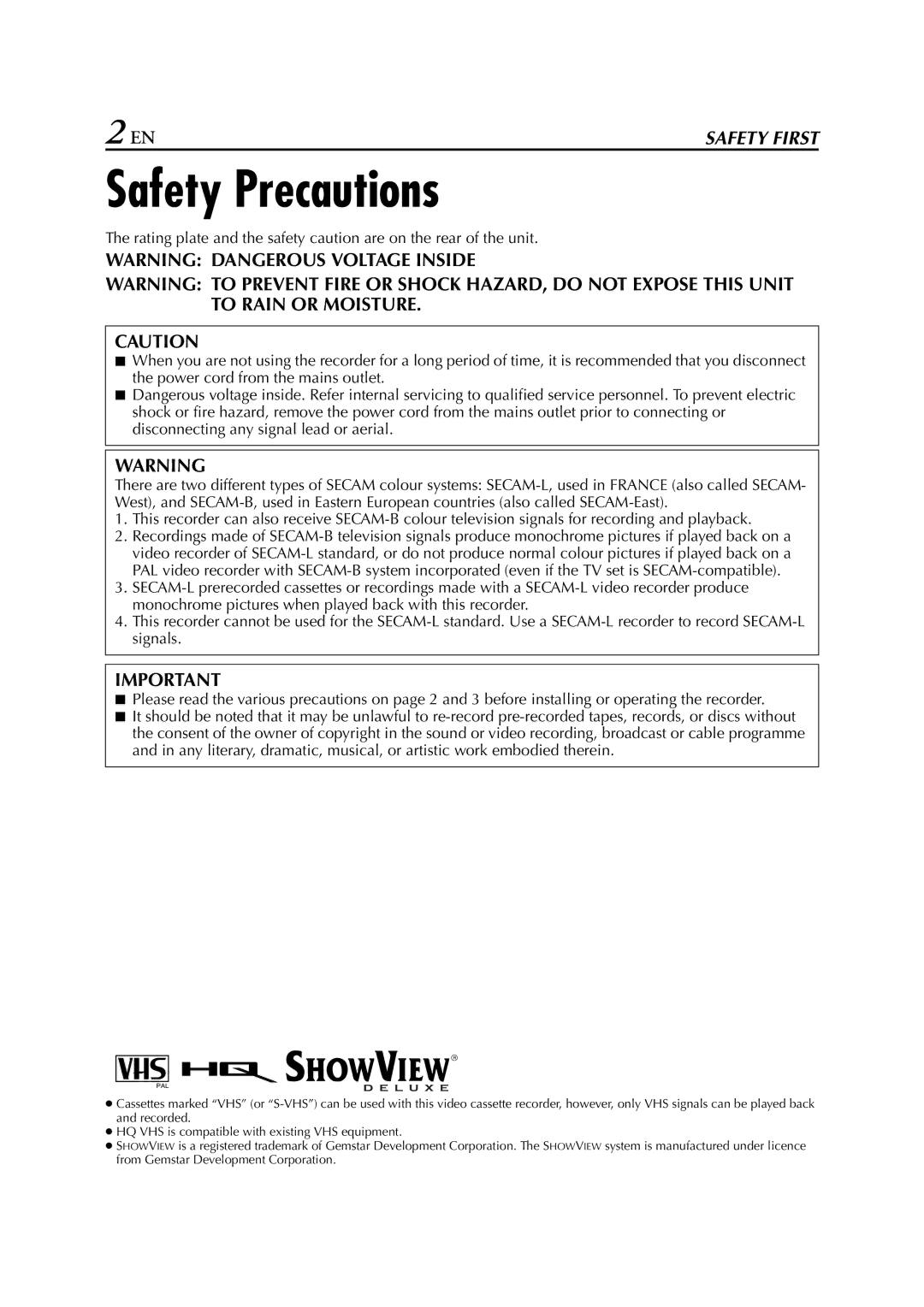 JVC HR-674, HR-J670, HR-671, HR-272EU, HR-673, HR-470, HR-672, HR-472EU instruction manual Safety Precautions 