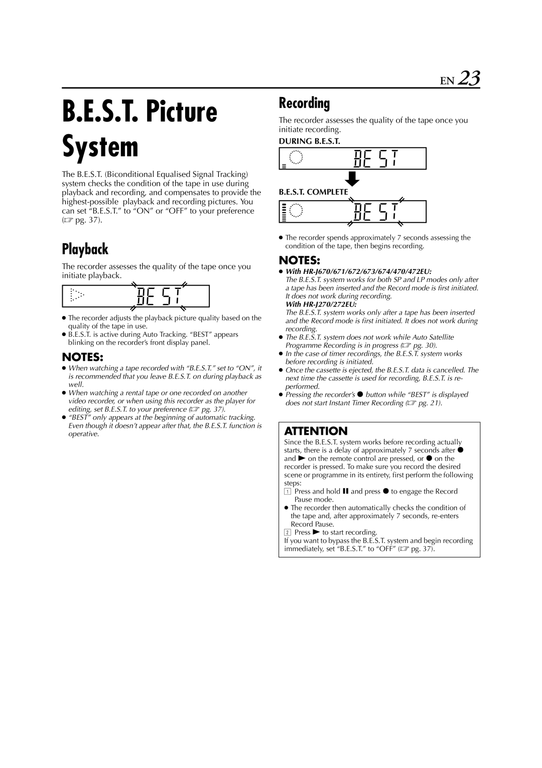 JVC HR-472EU, HR-J670, HR-671, HR-674, HR-272EU, HR-673, HR-470, HR-672 instruction manual Playback, Recording 