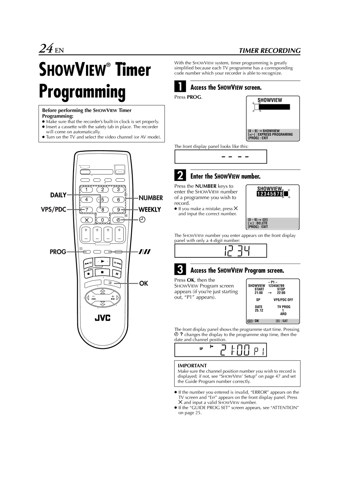 JVC HR-J670, HR-671 24 EN, Access the Showview screen, Enter the Showview number, Access the Showview Program screen 