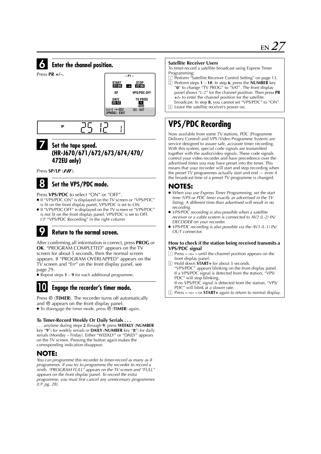 JVC HR-272EU, HR-J670 VPS/PDC Recording, Enter the channel position, Press PR +, To Timer-Record Weekly Or Daily Serials 