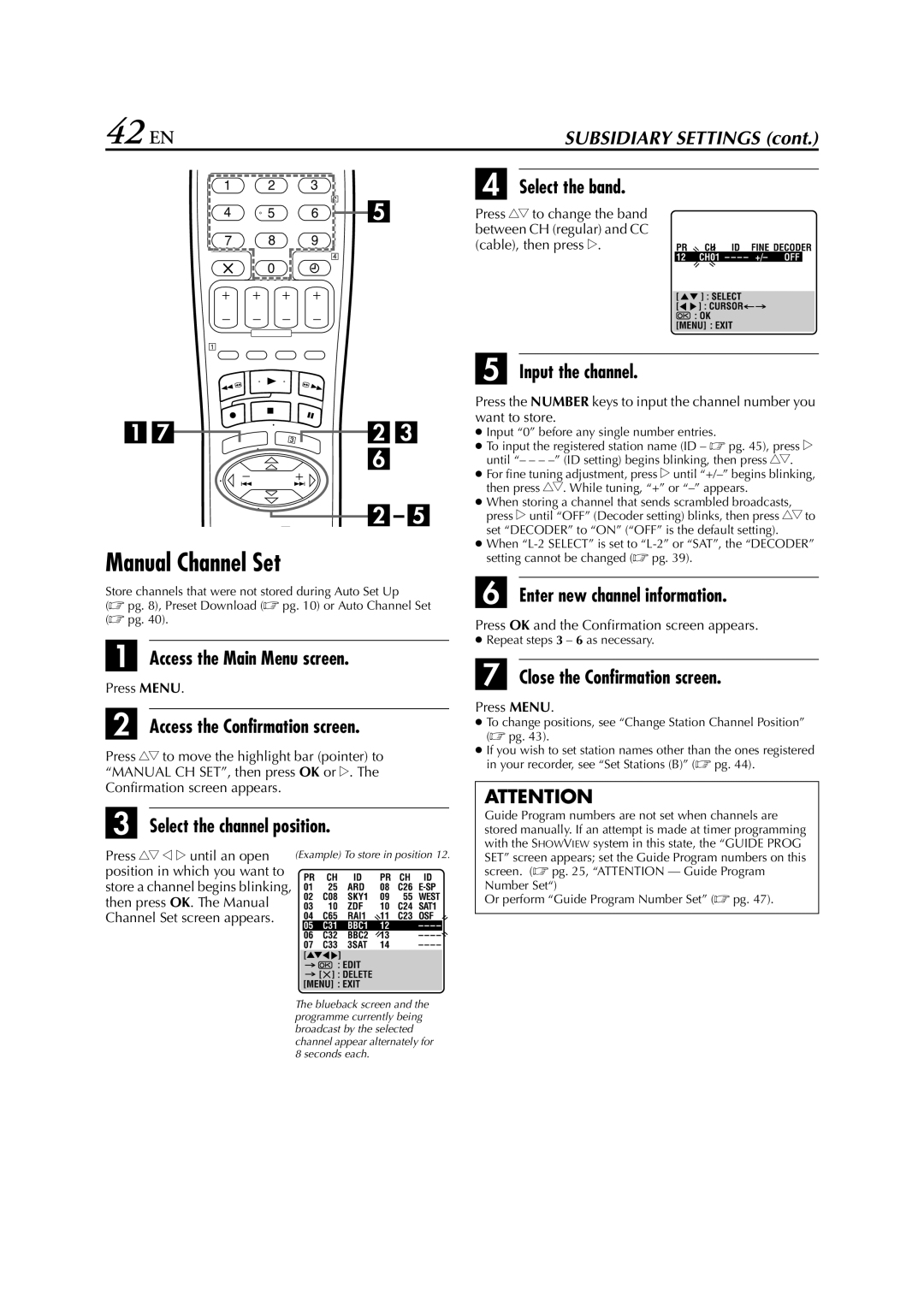 JVC HR-674, HR-J670, HR-671, HR-272EU, HR-673, HR-470, HR-672, HR-472EU instruction manual 42 EN, Manual Channel Set 