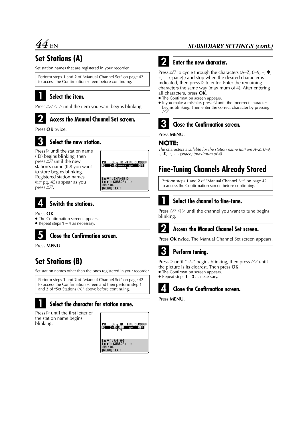 JVC HR-673, HR-J670, HR-671, HR-674, HR-272EU, HR-470, HR-672, HR-472EU instruction manual 44 EN, Set Stations a, Set Stations B 