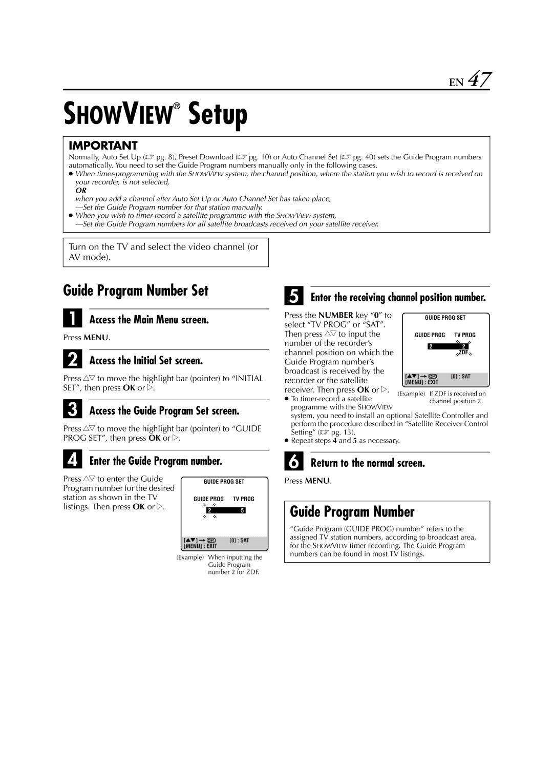 JVC HR-472EU, HR-J670, HR-671, HR-674, HR-272EU Showview Setup, Guide Program Number Set, Enter the Guide Program number 