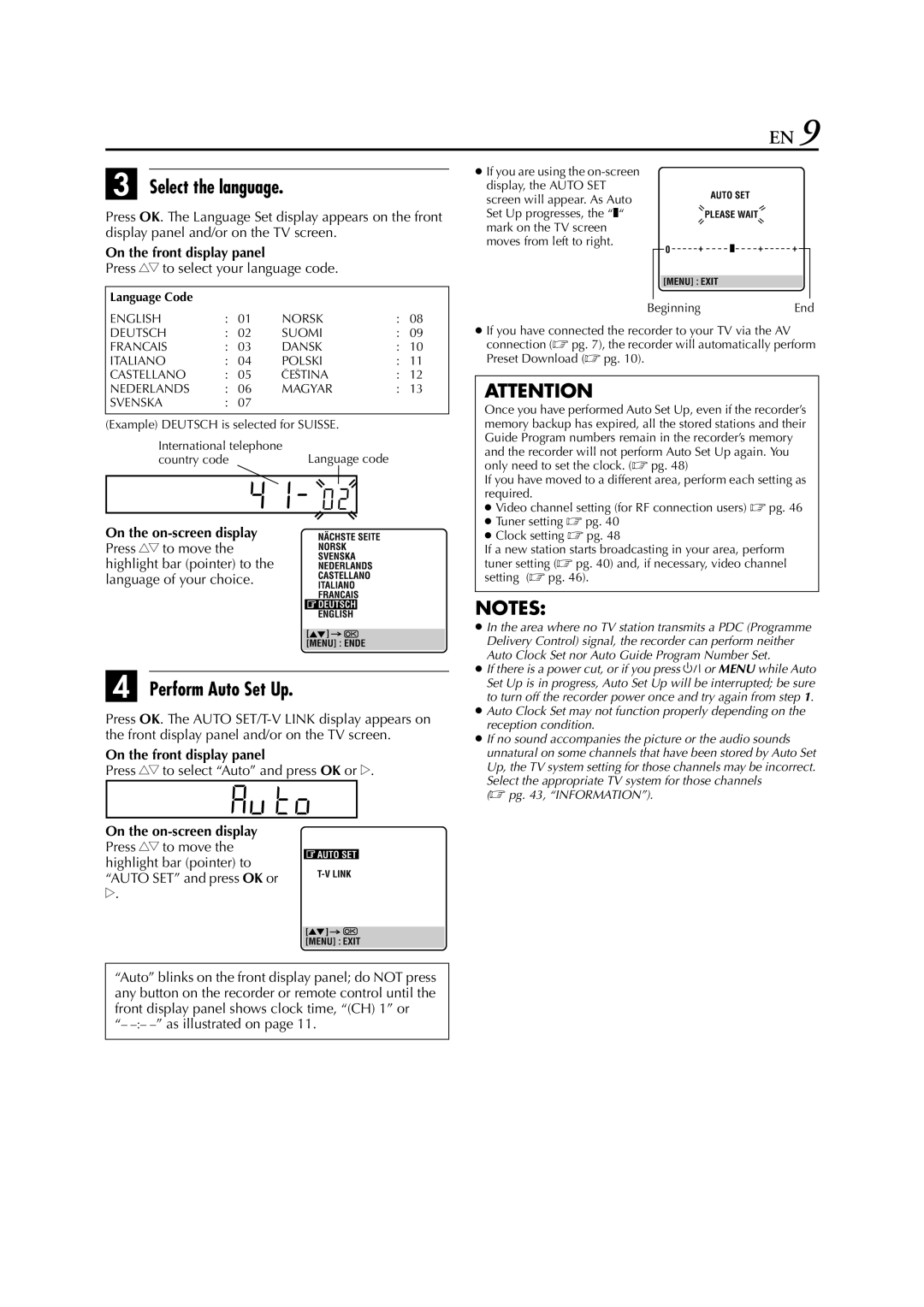 JVC HR-671, HR-J670 Select the language, Perform Auto Set Up, Press rt to select your language code, As illustrated on 