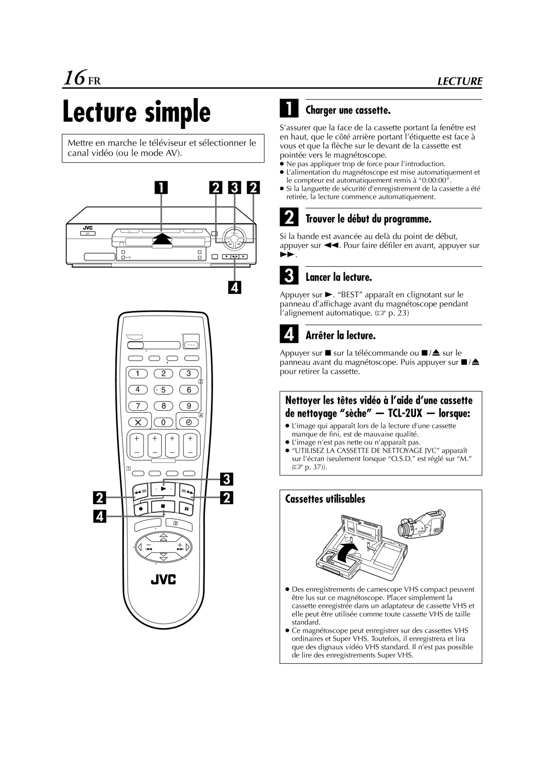 JVC HR-J472EU, HR-J670, HR-J470, HR-J672, HR-J673EU, HR-J272EU, HR-J270 manual Lecture simple, 16 FR 