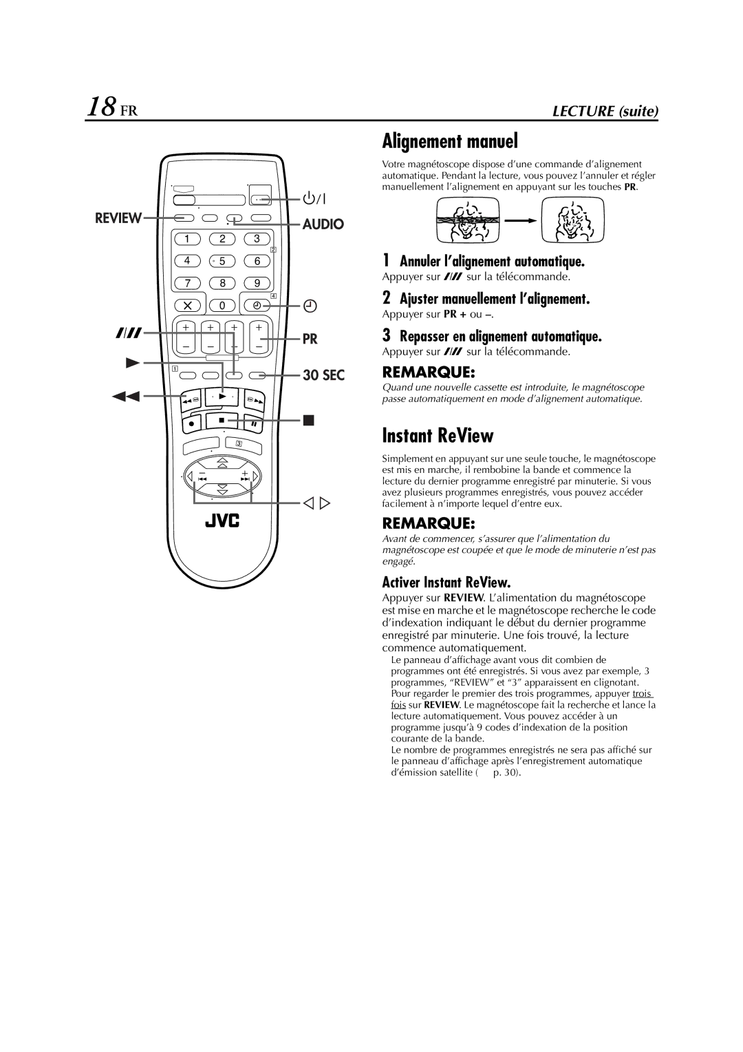 JVC HR-J673EU, HR-J670, HR-J470, HR-J472EU, HR-J672, HR-J272EU, HR-J270 manual 18 FR, Alignement manuel, Instant ReView 