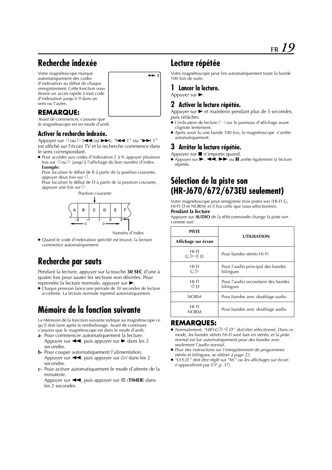 JVC HR-J272EU, HR-J670, HR-J470, HR-J472EU, HR-J672, HR-J673EU, HR-J270 Recherche indexée, Recherche par sauts, Lecture répétée 