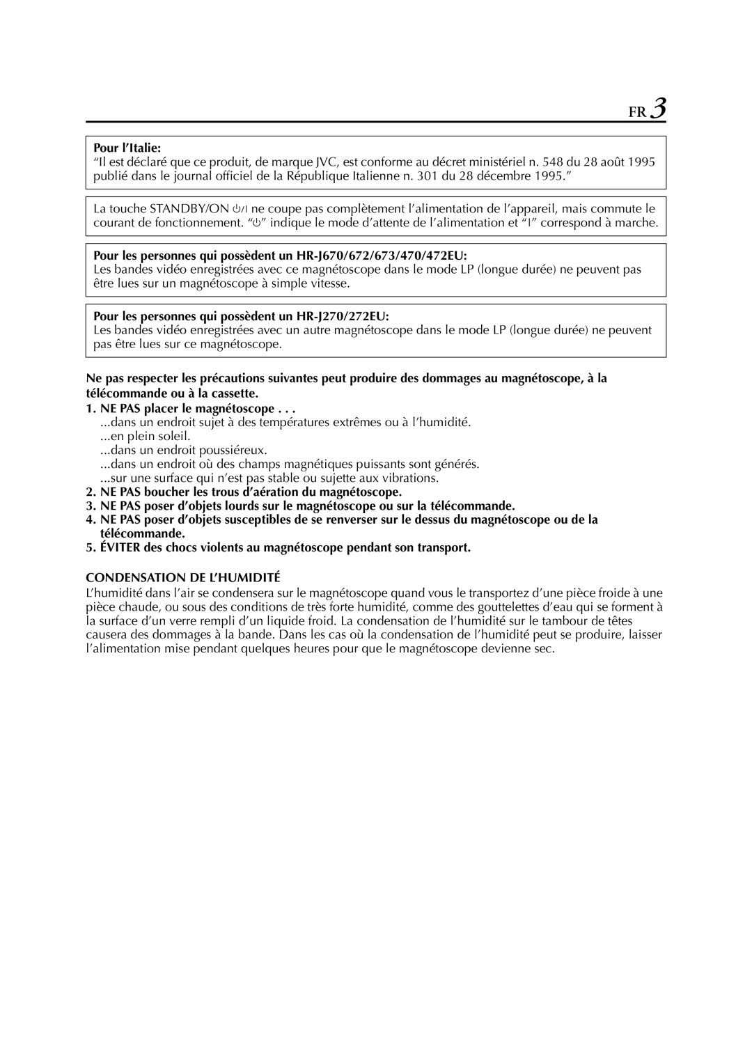 JVC HR-J672, HR-J670, HR-J470, HR-J472EU, HR-J673EU manual Pour l’Italie, Pour les personnes qui possèdent un HR-J270/272EU 