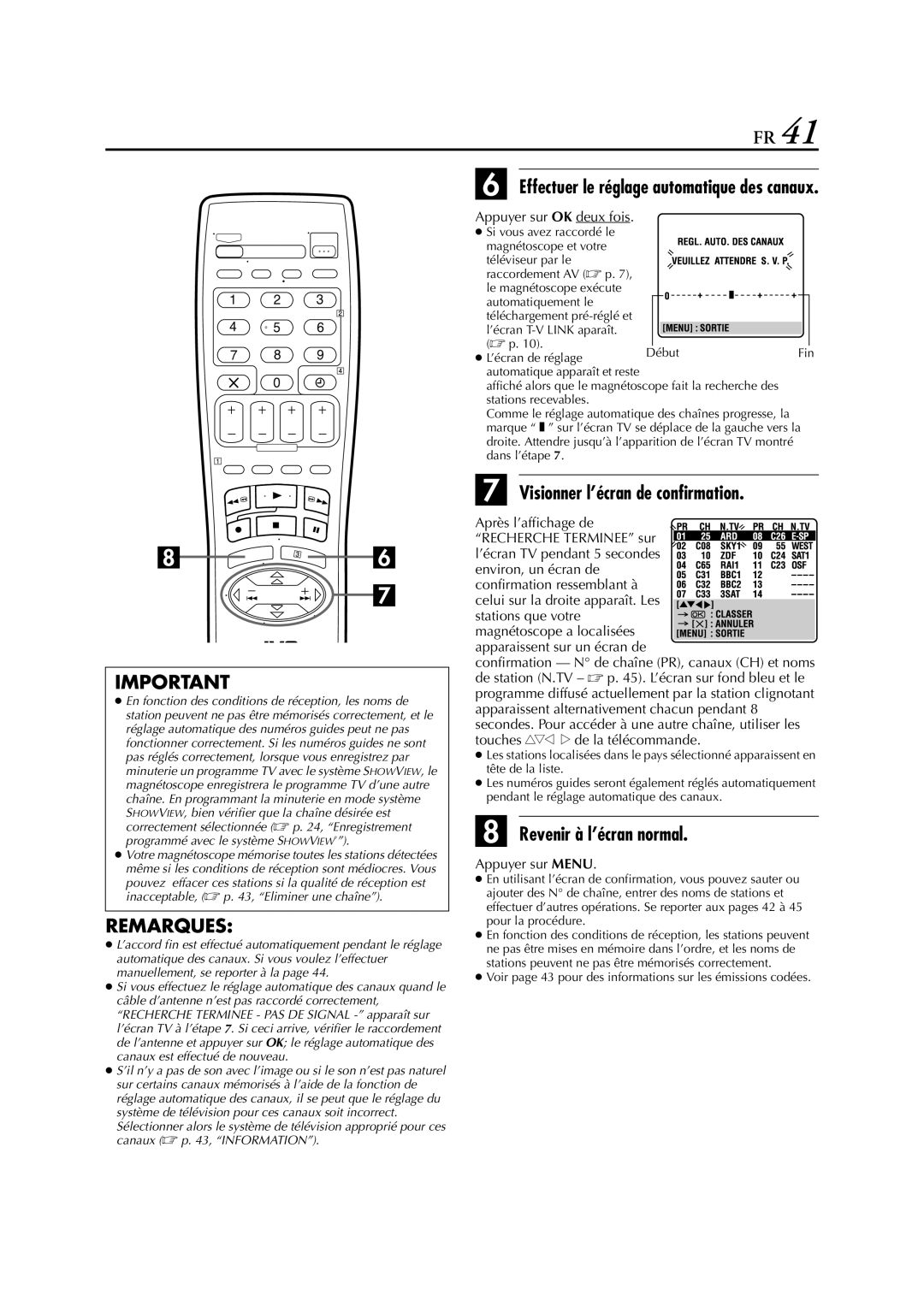 JVC HR-J270 manual Visionner l’écran de confirmation, Effectuer le réglage automatique des canaux, Appuyer sur OK deux fois 