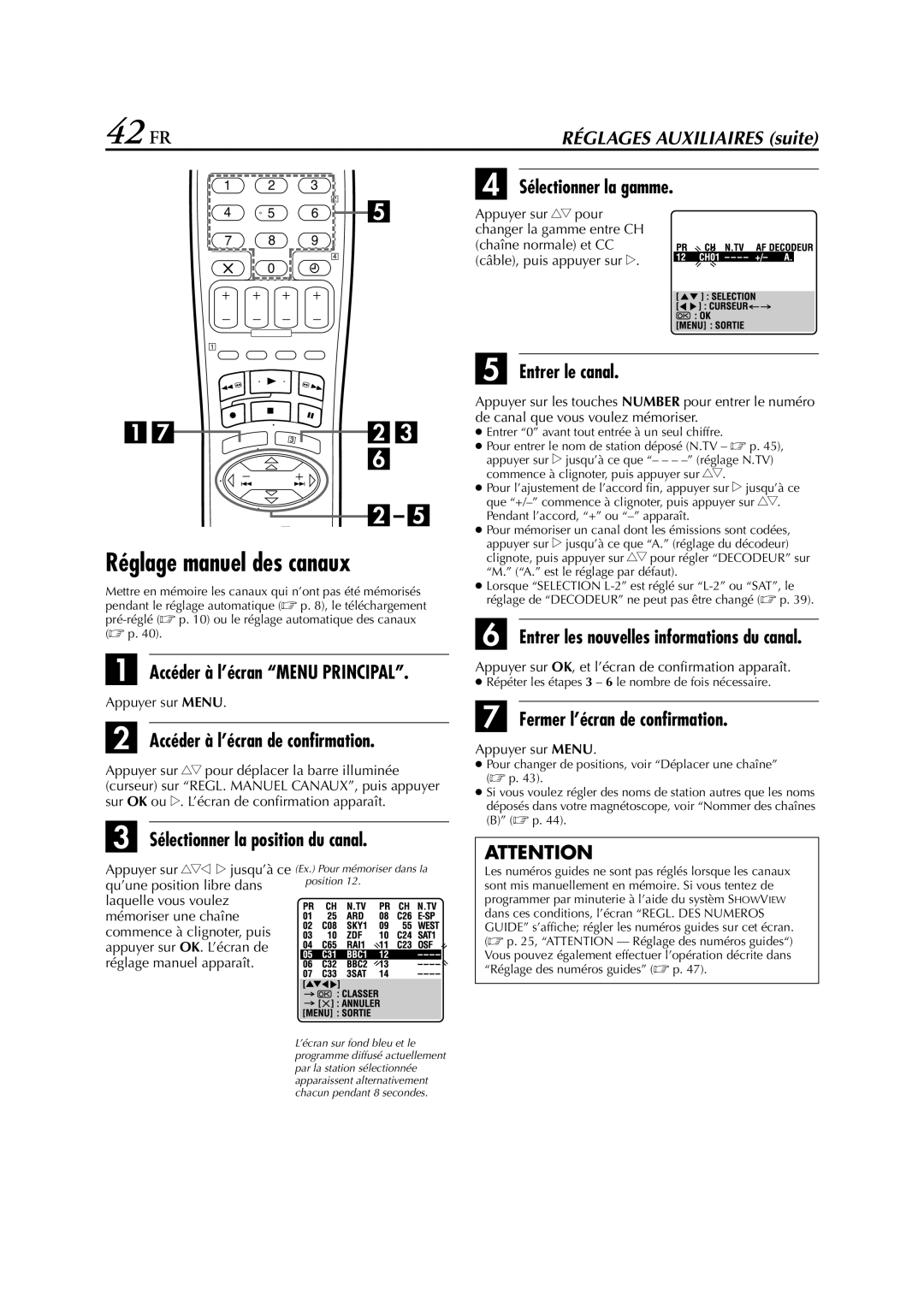 JVC HR-J670, HR-J470, HR-J472EU, HR-J672, HR-J673EU, HR-J272EU, HR-J270 manual 42 FR, Réglage manuel des canaux 