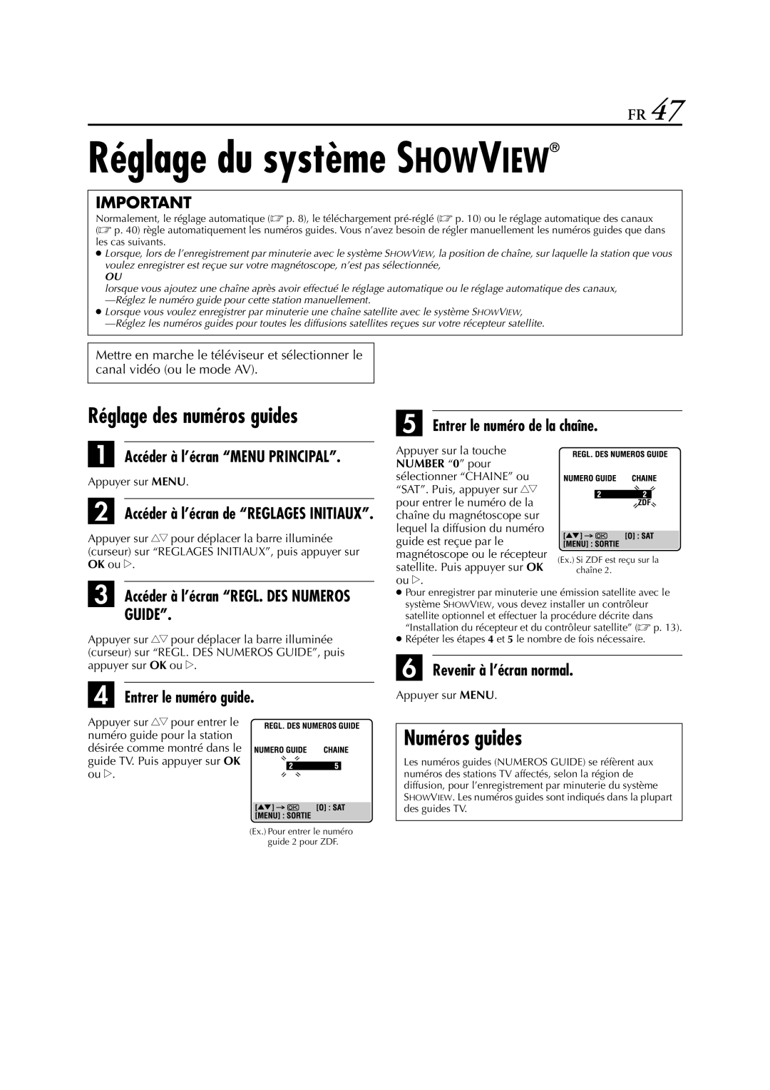 JVC HR-J272EU, HR-J670, HR-J470, HR-J472EU Réglage du système Showview, Réglage des numéros guides, Numéros guides, Guide 