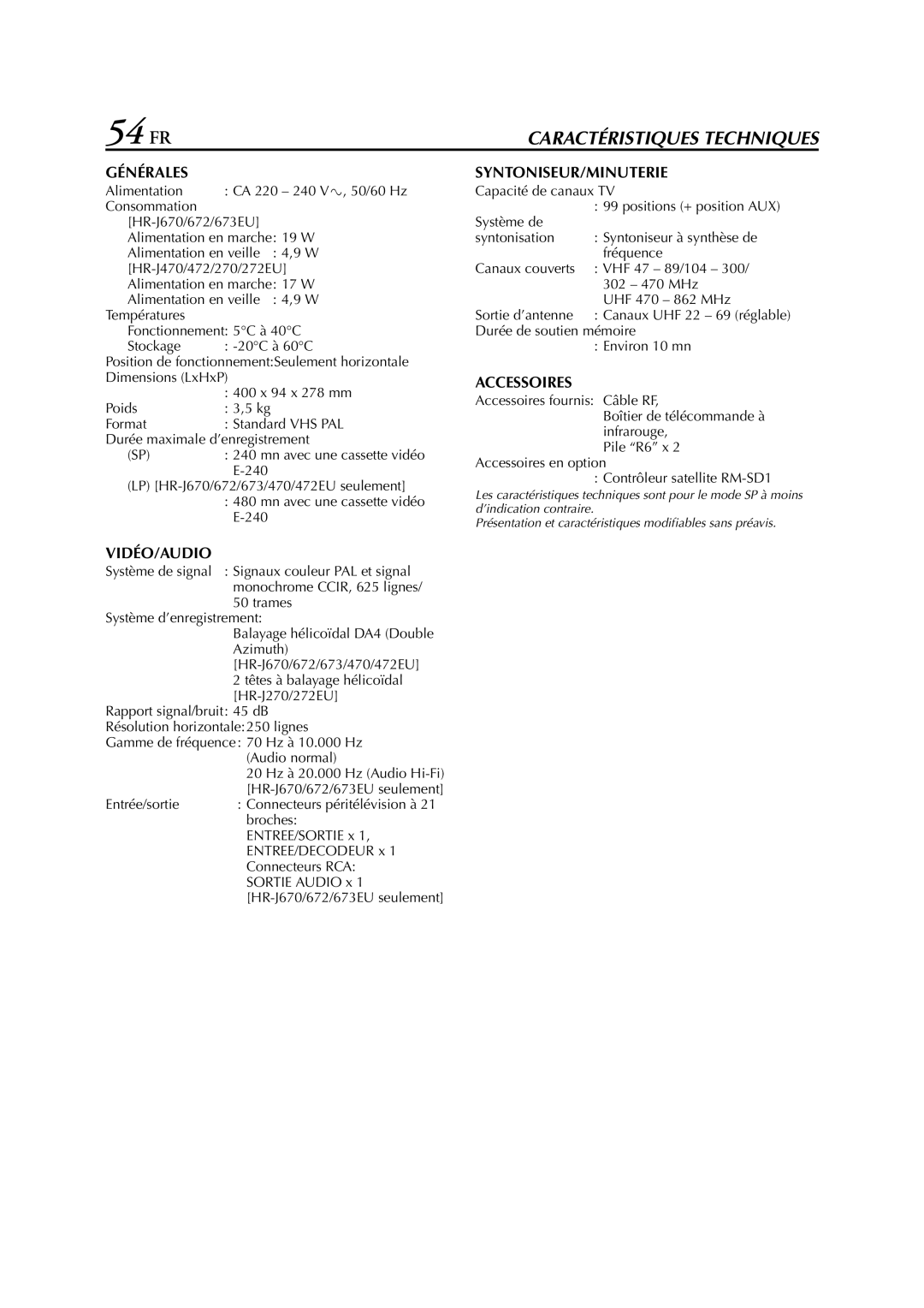 JVC HR-J272EU, HR-J670, HR-J470, HR-J472EU, HR-J672, HR-J673EU, HR-J270 manual 54 FR 