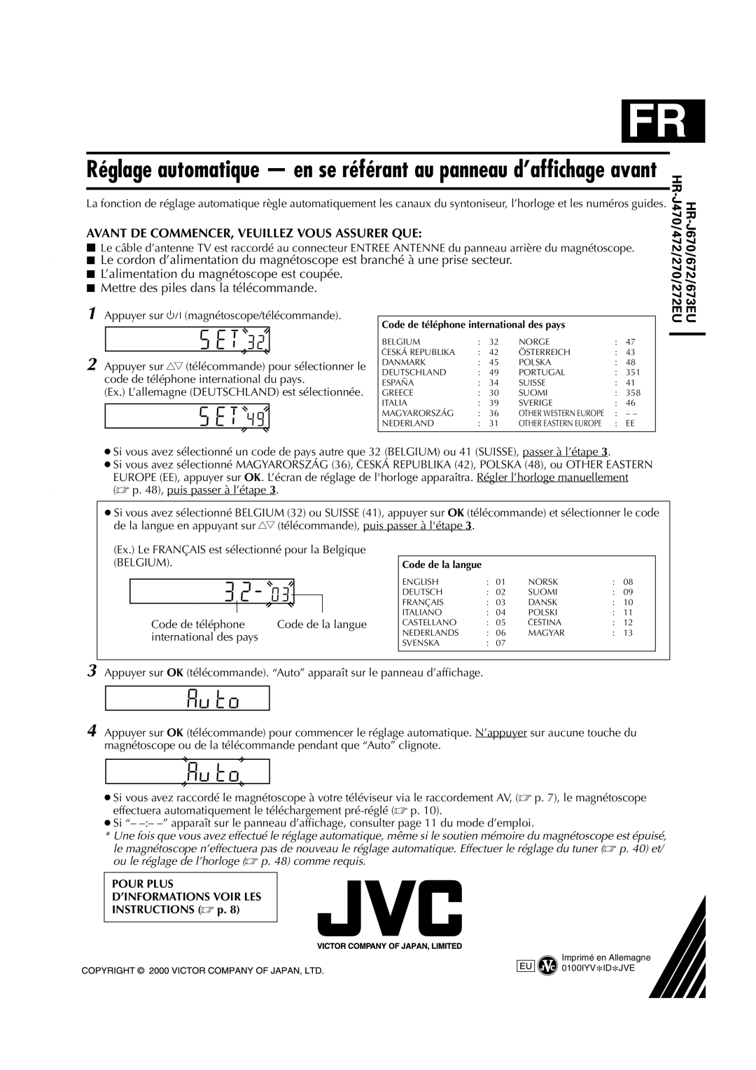 JVC HR-J670 Appuyer sur 1 magnétoscope/télécommande, Appuyer sur rt télécommande pour sélectionner le, Instructions  p 