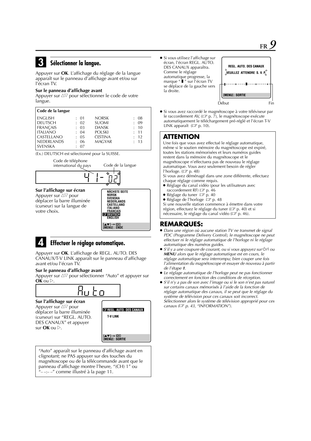 JVC HR-J472EU, HR-J670, HR-J470, HR-J672, HR-J673EU, HR-J272EU manual Sélectionner la langue, Effectuer le réglage automatique 