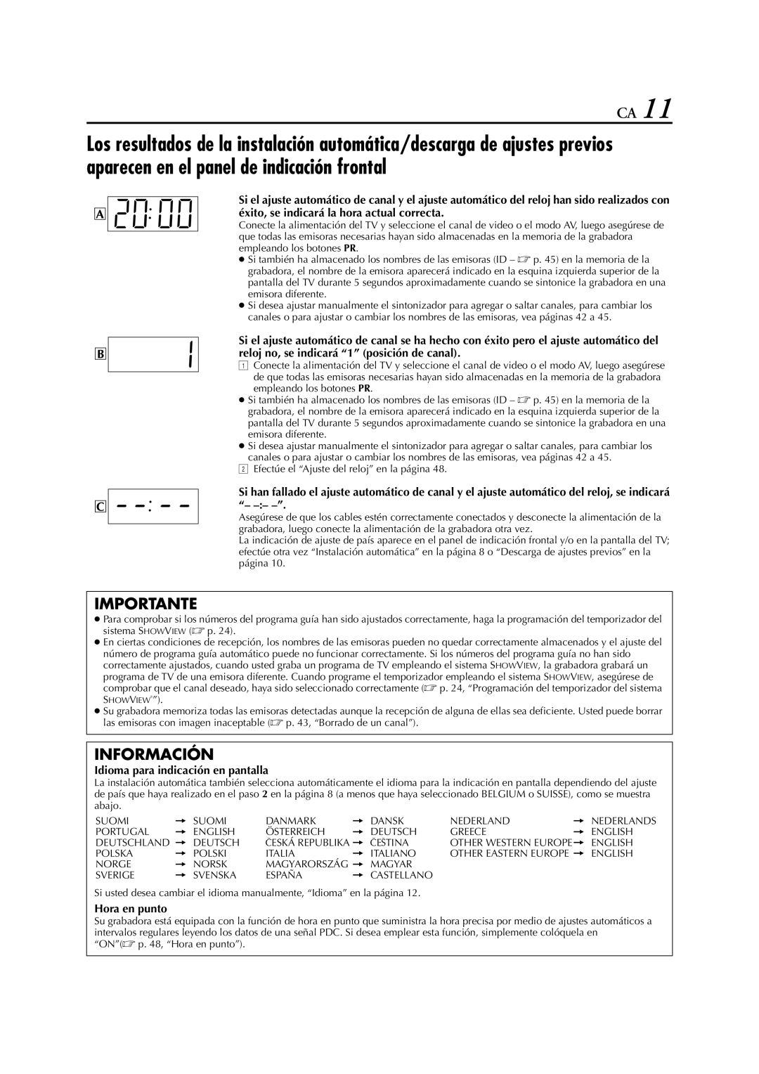 JVC HR-J470, HR-J670, HR-J673, HR-J472EU, HR-J672, HR-J671, HR-J272EU manual Idioma para indicación en pantalla, Hora en punto 