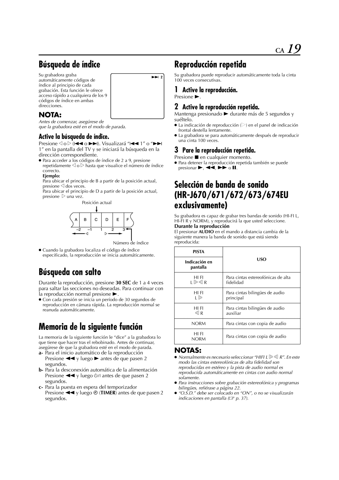 JVC HR-J673, HR-J670, HR-J470, HR-J472EU, HR-J672, HR-J671 manual Búsqueda de índice, Búsqueda con salto, Reproducción repetida 